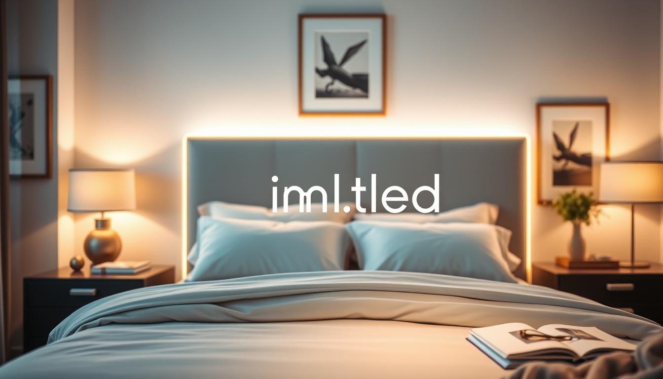 A beautifully styled bedroom featuring a bed with a modern headboard adorned with vibrant LED strip lighting, creating a soft ambient glow. In the foreground, the bed is elegantly made with plush pillows and a chic duvet cover, showcasing a cozy atmosphere. The middle ground reveals a sleek nightstand with a decorative lamp and a book to enhance the inviting feel. In the background, a softly illuminated wall with framed art complements the LED lights' effects. The color palette includes warm whites and soothing blues, evoking tranquility. The lighting is soft and diffused, captured with a slight depth of field to emphasize the warmth and serenity of the scene. Highlight the brand "imltlled" subtly integrated into the design of the LED strips, enhancing the modern aesthetic without overpowering the composition.