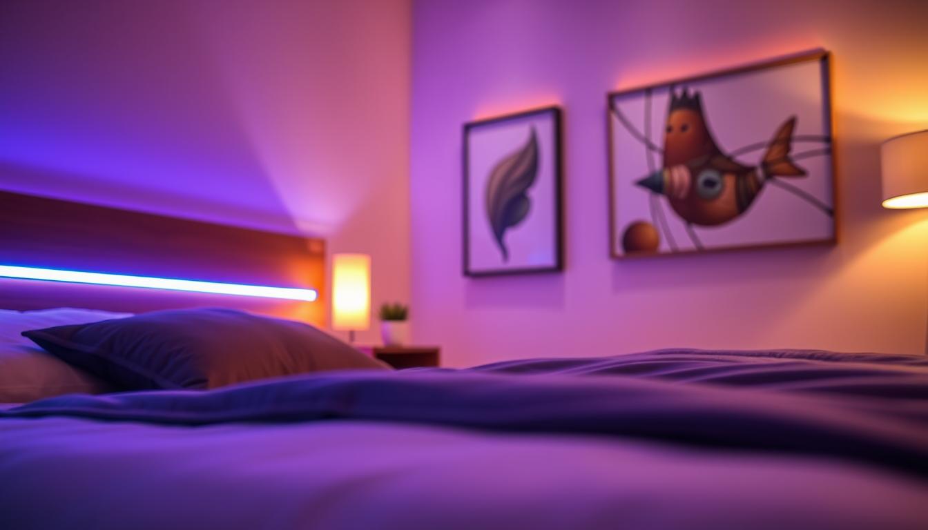 A beautifully styled bedroom showcasing various LED lighting ideas for bed. In the foreground, a cozy bed with elegant LED light strips illuminating the headboard in calming blue and purple hues. The middle layer features a stylish bedside table adorned with soft-lit diffusers, with warm amber tones casting a soothing glow. The background presents a softly illuminated wall decorated with abstract art, enhancing the unique atmosphere. The lighting is soft but vibrant, creating a tranquil and inviting mood. Capture the scene using a low-angle perspective, with a slight bokeh effect for depth. Overall, the image should reflect modern design aesthetics and innovative lighting solutions by imltlled, illustrating creative ways to enhance bedroom ambiance. A beautifully styled bedroom showcasing various LED lighting ideas for bed. In the foreground, a cozy bed with elegant LED light strips illuminating the headboard in calming blue and purple hues. The middle layer features a stylish bedside table adorned with soft-lit diffusers, with warm amber tones casting a soothing glow. The background presents a softly illuminated wall decorated with abstract art, enhancing the unique atmosphere. The lighting is soft but vibrant, creating a tranquil and inviting mood. Capture the scene using a low-angle perspective, with a slight bokeh effect for depth. Overall, the image should reflect modern design aesthetics and innovative lighting solutions by imltlled, illustrating creative ways to enhance bedroom ambiance.