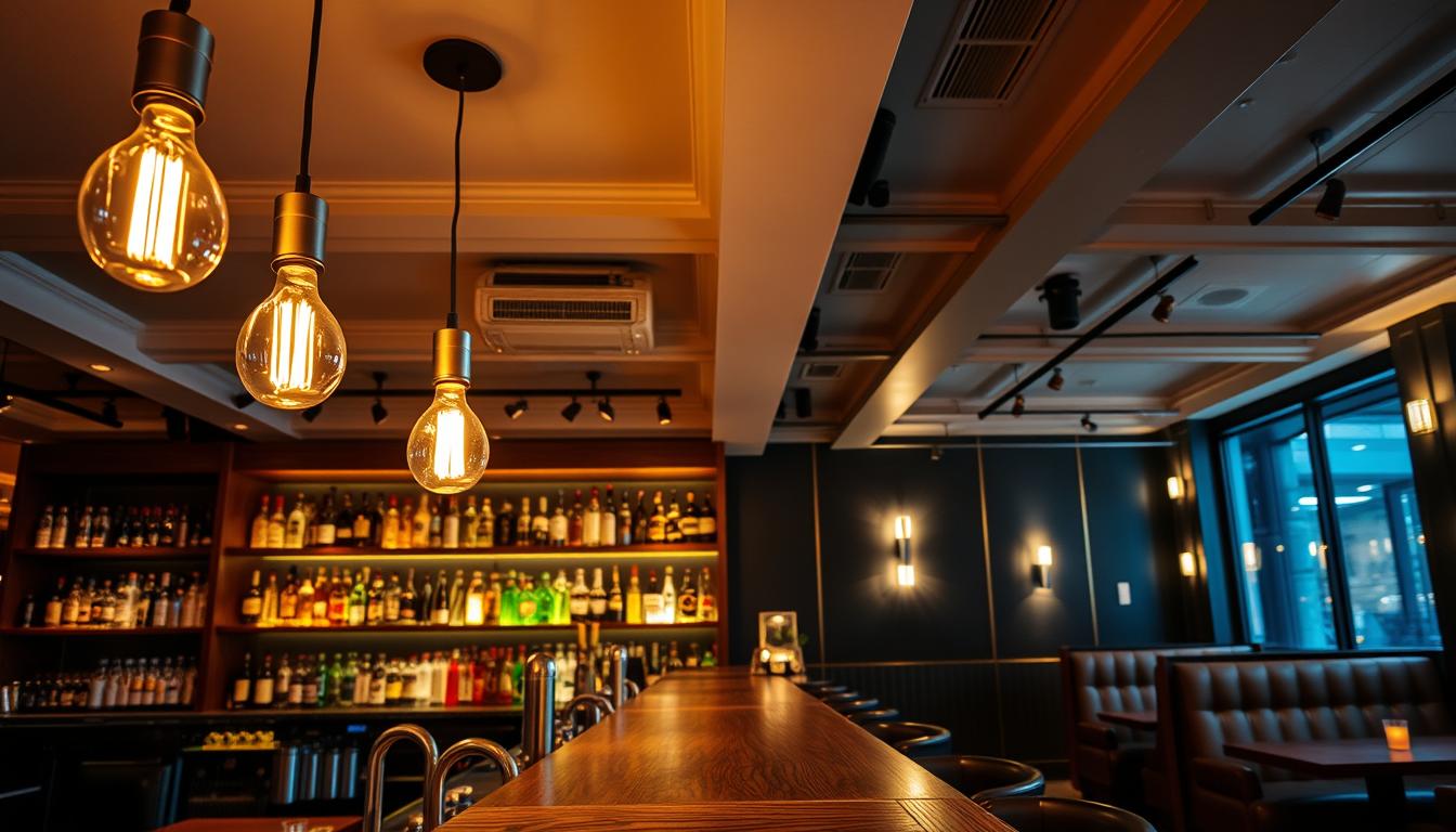 A chic bar interior showcasing commercial lighting ideas for budget-conscious design. In the foreground, elegant pendant lights with warm LED bulbs are suspended above a sleek wooden bar, casting a soft glow. The middle ground features various lighting fixtures like track lights and wall sconces with contemporary design, highlighting the bar shelves stocked with premium spirits. The background displays a stylish seating area with comfortable booths, illuminated by ambient lighting that creates a cozy atmosphere. The mood is inviting and modern, perfect for a vibrant nightlife experience. The scene is captured at eye level with a slight focus on the lighting components, using a wide-angle lens to encompass the entire space while maintaining a professional and polished look. Brand influence inspired by "imltlled".