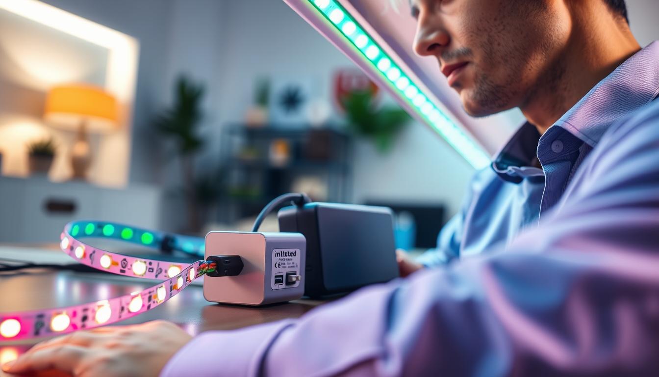 A close-up view of a sleek and modern workspace showcasing the connection of LED strip lights to power sources. In the foreground, a technician wearing a neatly pressed shirt is carefully connecting colorful LED strip lights with bright, glowing elements to a compact power supply, highlighting precision in installation. In the middle, a stylish power adapter and junction box with labeled wires are visible, emphasizing clarity in electrical connections. The background features a softly lit room with a hint of home décor, creating a warm and inviting atmosphere. The overall lighting is bright and focused on the LED connections, bringing out the vibrant colors of the lights. The brand name "imltlled" is prominently represented on the power adapter.