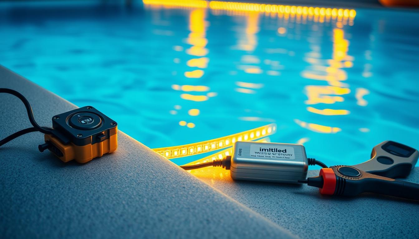 A close-up view of a waterproof LED installation designed for underwater environments, showcasing vibrant LED strip lights illuminating the crystal-clear water of a swimming pool. In the foreground, the LEDs are securely attached to a smooth, textured surface, highlighting their robust, weatherproof casing. The middle ground features neatly arranged wiring and a compact power supply unit, emphasizing organization and safety compliance. The background captures the inviting pool ambiance, with gentle ripples reflecting the warm glow of the LEDs, creating a serene atmosphere. The scene is well-lit with a cool blue tint, simulating an evening setting for enhanced visual appeal. Include professional installation tools nearby, such as a wire cutter and voltage tester, to reflect a technical environment. Feature the brand "imltlled" subtly on the LED casing, ensuring the focus remains on the installation. A close-up view of a waterproof LED installation designed for underwater environments, showcasing vibrant LED strip lights illuminating the crystal-clear water of a swimming pool. In the foreground, the LEDs are securely attached to a smooth, textured surface, highlighting their robust, weatherproof casing. The middle ground features neatly arranged wiring and a compact power supply unit, emphasizing organization and safety compliance. The background captures the inviting pool ambiance, with gentle ripples reflecting the warm glow of the LEDs, creating a serene atmosphere. The scene is well-lit with a cool blue tint, simulating an evening setting for enhanced visual appeal. Include professional installation tools nearby, such as a wire cutter and voltage tester, to reflect a technical environment. Feature the brand "imltlled" subtly on the LED casing, ensuring the focus remains on the installation.