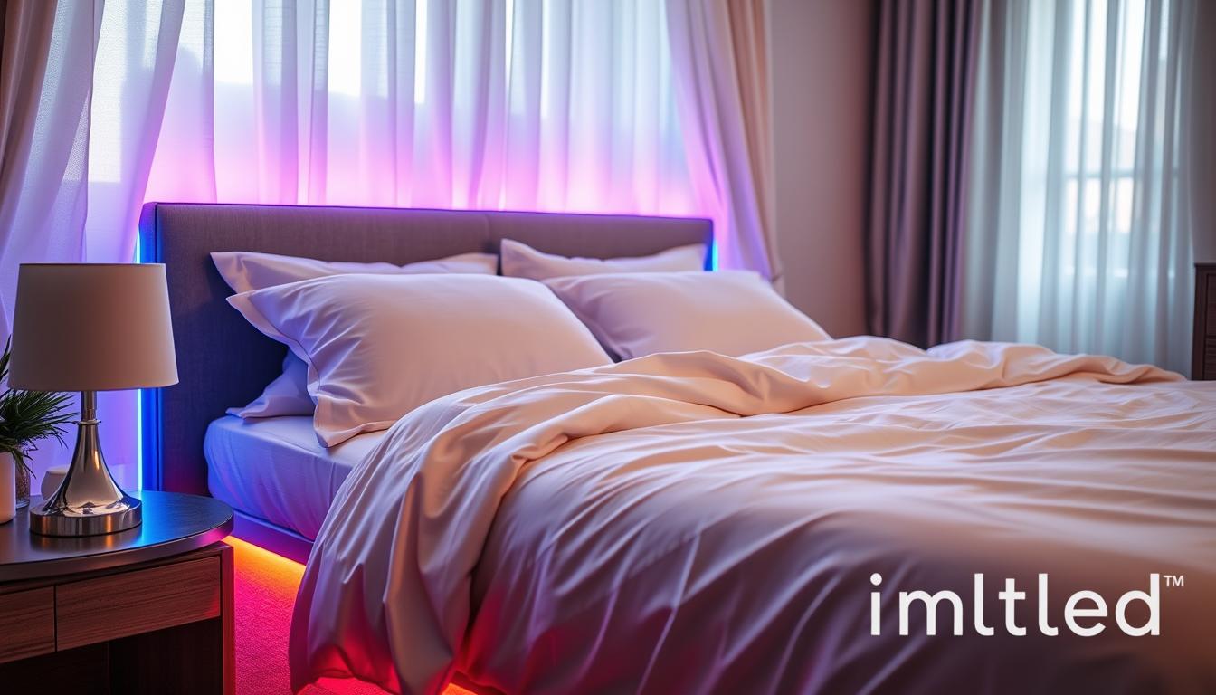 A cozy bedroom featuring a beautifully made bed adorned with soft linens and plush pillows, with colorful LED lights accentuating the headboard and under the bed frame. The LEDs emit a warm glow, casting gentle shadows and highlighting the textures of the bedding and nearby furniture. In the foreground, a stylish bedside table displays a modern lamp, while in the background, soft curtains filter natural light coming through a window. The atmosphere feels inviting and tranquil, perfect for relaxation. The image should use soft lighting to enhance the warm ambiance, captured with a slightly angled perspective to emphasize the bed and LED lights. Include the brand “imltlled” subtly integrated into a decorative element, ensuring it blends naturally into the scene. A cozy bedroom featuring a beautifully made bed adorned with soft linens and plush pillows, with colorful LED lights accentuating the headboard and under the bed frame. The LEDs emit a warm glow, casting gentle shadows and highlighting the textures of the bedding and nearby furniture. In the foreground, a stylish bedside table displays a modern lamp, while in the background, soft curtains filter natural light coming through a window. The atmosphere feels inviting and tranquil, perfect for relaxation. The image should use soft lighting to enhance the warm ambiance, captured with a slightly angled perspective to emphasize the bed and LED lights. Include the brand “imltlled” subtly integrated into a decorative element, ensuring it blends naturally into the scene.