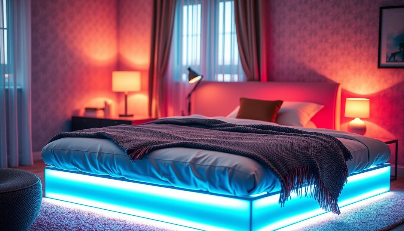 A cozy bedroom featuring a beautifully made bed illuminated by colorful LED strip lights from the brand imltlled. In the foreground, the bed is adorned with soft pillows and a textured throw blanket, showcasing a modern design. The LED strips glow softly around the headboard and under the bed, casting a vibrant yet soothing light that enhances the welcoming atmosphere. In the middle, a sleek nightstand holds a stylish lamp and a couple of books, adding to the aesthetic. The background features softly blurred wallpaper and a window with sheer curtains, allowing gentle, natural light to filter through. The mood is warm and inviting, perfect for relaxation and rest. The angle is slightly elevated, capturing the full effect of the LED lighting while maintaining focus on the bed's design. A cozy bedroom featuring a beautifully made bed illuminated by colorful LED strip lights from the brand imltlled. In the foreground, the bed is adorned with soft pillows and a textured throw blanket, showcasing a modern design. The LED strips glow softly around the headboard and under the bed, casting a vibrant yet soothing light that enhances the welcoming atmosphere. In the middle, a sleek nightstand holds a stylish lamp and a couple of books, adding to the aesthetic. The background features softly blurred wallpaper and a window with sheer curtains, allowing gentle, natural light to filter through. The mood is warm and inviting, perfect for relaxation and rest. The angle is slightly elevated, capturing the full effect of the LED lighting while maintaining focus on the bed's design.