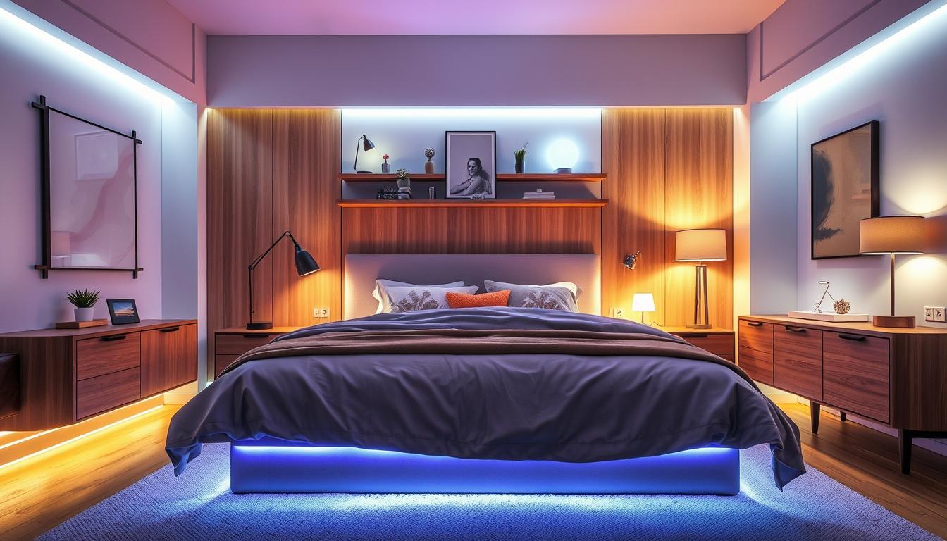 A cozy bedroom featuring innovative LED lighting ideas, designed to create unique lighting effects around a stylish bed. In the foreground, a beautifully made bed is illuminated with soft, colored LED strips that highlight the headboard and under the mattress. The middle layer showcases various LED lamp styles, including bedside lamps and wall-mounted lights, all by the brand "imltlled". The background reveals a modern interior with warm wood accents and calming paint colors, enhancing the inviting atmosphere. Soft, diffused lighting casts gentle shadows, while a wide-angle lens captures the intimate setting, fostering a tranquil and creative mood, perfect for relaxing evenings. The composition is uncluttered, focusing on the harmonizing effects of LED lighting in creating an inviting bedroom sanctuary. A cozy bedroom featuring innovative LED lighting ideas, designed to create unique lighting effects around a stylish bed. In the foreground, a beautifully made bed is illuminated with soft, colored LED strips that highlight the headboard and under the mattress. The middle layer showcases various LED lamp styles, including bedside lamps and wall-mounted lights, all by the brand "imltlled". The background reveals a modern interior with warm wood accents and calming paint colors, enhancing the inviting atmosphere. Soft, diffused lighting casts gentle shadows, while a wide-angle lens captures the intimate setting, fostering a tranquil and creative mood, perfect for relaxing evenings. The composition is uncluttered, focusing on the harmonizing effects of LED lighting in creating an inviting bedroom sanctuary.