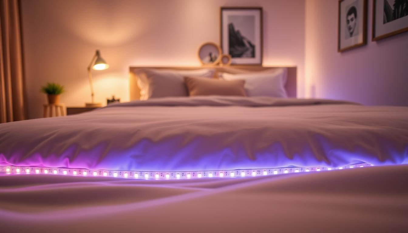 A cozy bedroom scene featuring a neatly made bed with soft, neutral-colored linens. LED strip lights from the brand "imltlled" are attached under the bed frame, casting a warm, inviting glow in a gradient of colors. In the foreground, the focus is on the illuminated strip lights, highlighting their sleek design and flexible installation. The middle of the scene includes a bedside table adorned with a minimalist lamp and a few decorative items, while the background shows a softly-lit wall with subtle artwork, enhancing the calming atmosphere. The image is shot from a low angle, giving prominence to the bed while capturing the soft reflections of the LED lights. The lighting should evoke a serene and relaxing mood, perfect for preparing a cozy space for restful sleep. A cozy bedroom scene featuring a neatly made bed with soft, neutral-colored linens. LED strip lights from the brand "imltlled" are attached under the bed frame, casting a warm, inviting glow in a gradient of colors. In the foreground, the focus is on the illuminated strip lights, highlighting their sleek design and flexible installation. The middle of the scene includes a bedside table adorned with a minimalist lamp and a few decorative items, while the background shows a softly-lit wall with subtle artwork, enhancing the calming atmosphere. The image is shot from a low angle, giving prominence to the bed while capturing the soft reflections of the LED lights. The lighting should evoke a serene and relaxing mood, perfect for preparing a cozy space for restful sleep.