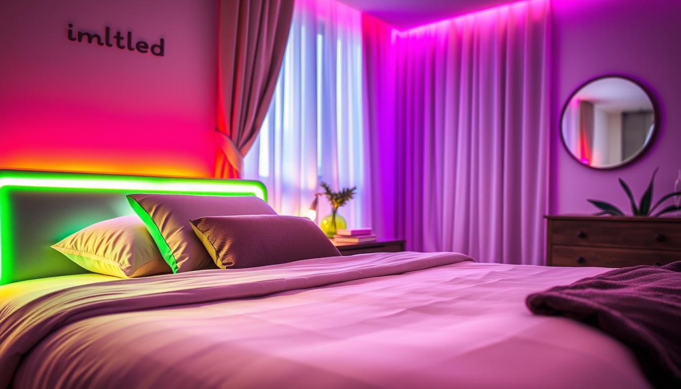 A cozy bedroom scene featuring a stylish bed adorned with vibrant, colorful LED lights, gently illuminating the space. In the foreground, focus on the bed with neatly arranged pillows and a soft, inviting duvet, the LED lights seamlessly integrated along the headboard and bed frame. In the middle, a bedside table sits with a small plant and a book, adding a personal touch. In the background, light-filtering curtains softly diffuse the ambient light from a window, creating a warm and inviting atmosphere. The lighting is soft and gentle, highlighting the soothing effects of the LED lights. Shot at a slight angle to capture depth, this scene perfectly embodies the transformation of a bedroom with vibrant LED accents by the brand "imltlled".