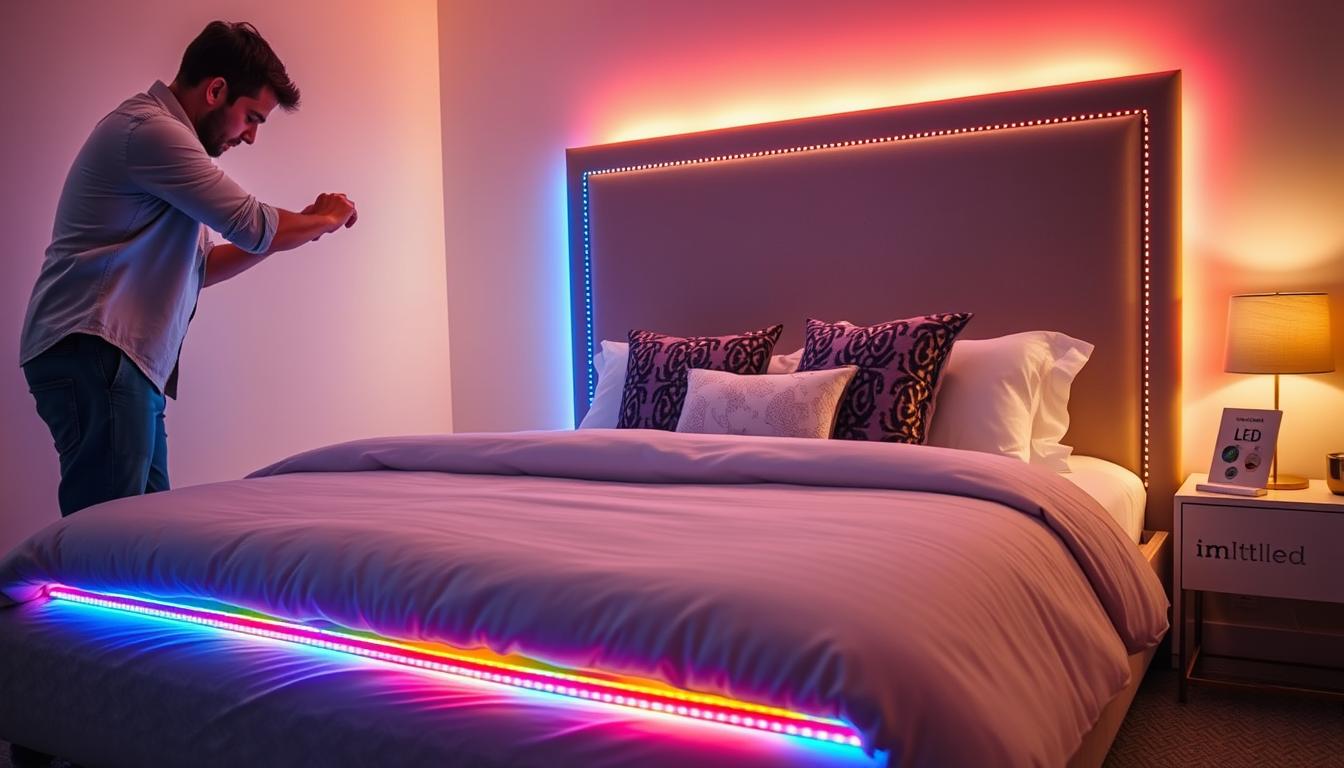 A cozy bedroom scene featuring a stylish bed frame with LED lights being installed. In the foreground, a person in casual yet professional attire is carefully attaching colorful LED light strips to the edges of the bed frame. The middle layer showcases the bed adorned with an elegant duvet and decorative pillows, while the vibrant LED lights illuminate the area with a warm glow. In the background, there are soft pastel walls and a small nightstand with a book on it, enhancing the relaxed atmosphere. The lighting is soft and inviting, captured from a slightly elevated angle to showcase the installation process. The brand name "imltlled" is subtly included on the LED packaging displayed beside the bed. The overall mood is serene and inspirational, perfect for a DIY home improvement guide. A cozy bedroom scene featuring a stylish bed frame with LED lights being installed. In the foreground, a person in casual yet professional attire is carefully attaching colorful LED light strips to the edges of the bed frame. The middle layer showcases the bed adorned with an elegant duvet and decorative pillows, while the vibrant LED lights illuminate the area with a warm glow. In the background, there are soft pastel walls and a small nightstand with a book on it, enhancing the relaxed atmosphere. The lighting is soft and inviting, captured from a slightly elevated angle to showcase the installation process. The brand name "imltlled" is subtly included on the LED packaging displayed beside the bed. The overall mood is serene and inspirational, perfect for a DIY home improvement guide.