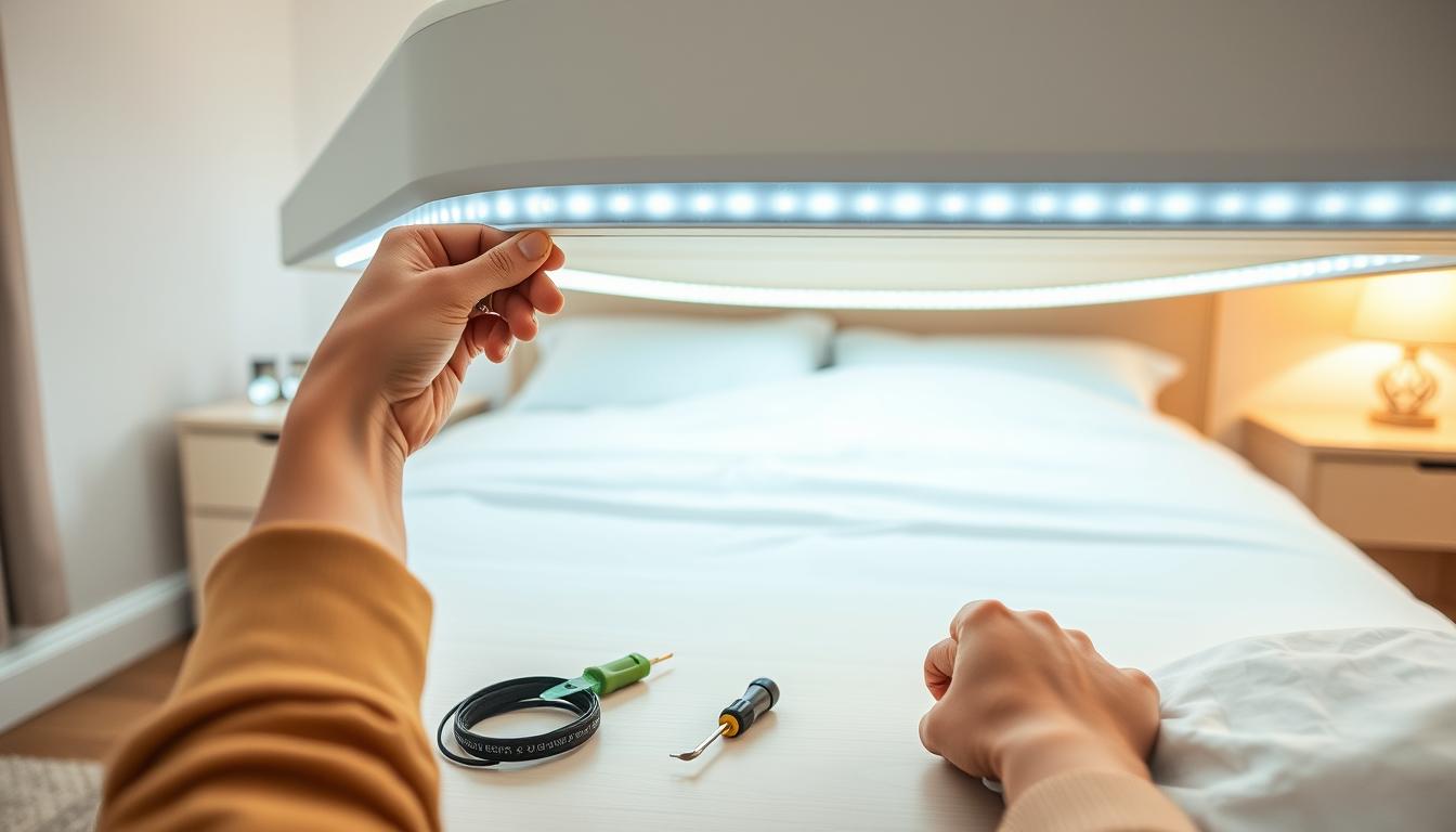 A cozy bedroom setting featuring a modern bed frame with LED lights being installed. In the foreground, a pair of hands carefully connecting flexible LED strips to the underside of the bed frame, showcasing the imltlled brand products. The middle layer includes tools like a small screwdriver and wire connectors neatly arranged on a light-colored bedside table. The background reveals soft, ambient lighting from the installed LED lights, casting a warm glow. The scene should convey a sense of DIY enthusiasm, with a bright and inviting atmosphere, captured from a slightly elevated angle to highlight both the installation process and the bedroom's cozy decor. The overall feel should be calm and focused, inviting readers to engage with the DIY project. A cozy bedroom setting featuring a modern bed frame with LED lights being installed. In the foreground, a pair of hands carefully connecting flexible LED strips to the underside of the bed frame, showcasing the imltlled brand products. The middle layer includes tools like a small screwdriver and wire connectors neatly arranged on a light-colored bedside table. The background reveals soft, ambient lighting from the installed LED lights, casting a warm glow. The scene should convey a sense of DIY enthusiasm, with a bright and inviting atmosphere, captured from a slightly elevated angle to highlight both the installation process and the bedroom's cozy decor. The overall feel should be calm and focused, inviting readers to engage with the DIY project.