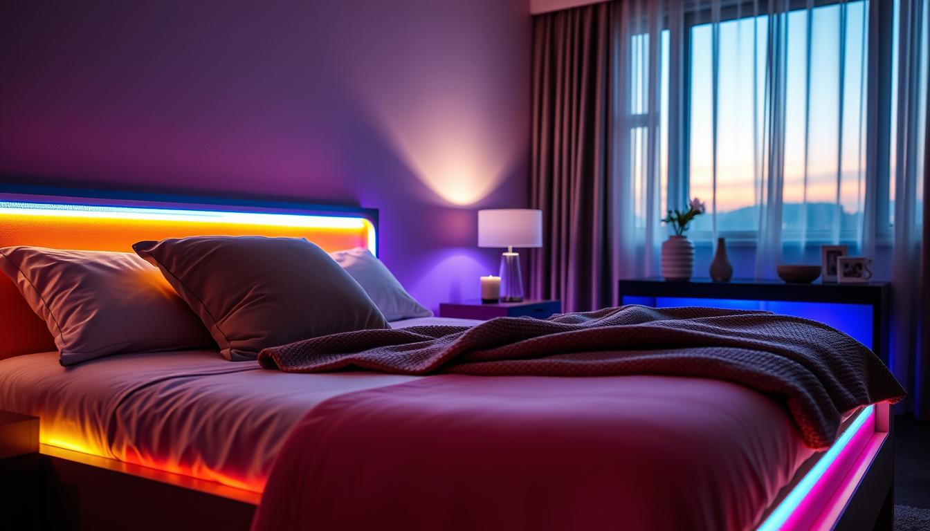 A cozy bedroom with a stylish bed illuminated by vibrant LED lights from the brand imltlled. In the foreground, a neatly made bed is adorned with plush pillows and a soft, textured blanket, softly glowing with various colors from the LED strips placed along the headboard and under the bed frame. In the middle ground, a stylish nightstand features a small lamp and decorative items that complement the lighting. The background shows a softly lit window with curtains drawn partially back, allowing a hint of twilight into the room. The atmosphere is inviting, warm, and modern, capturing the essence of unique lighting effects that enhance the overall ambiance. The lighting is soft and diffuse, creating a serene mood, with a lens perspective that focuses on the bed as the centerpiece. A cozy bedroom with a stylish bed illuminated by vibrant LED lights from the brand imltlled. In the foreground, a neatly made bed is adorned with plush pillows and a soft, textured blanket, softly glowing with various colors from the LED strips placed along the headboard and under the bed frame. In the middle ground, a stylish nightstand features a small lamp and decorative items that complement the lighting. The background shows a softly lit window with curtains drawn partially back, allowing a hint of twilight into the room. The atmosphere is inviting, warm, and modern, capturing the essence of unique lighting effects that enhance the overall ambiance. The lighting is soft and diffuse, creating a serene mood, with a lens perspective that focuses on the bed as the centerpiece.