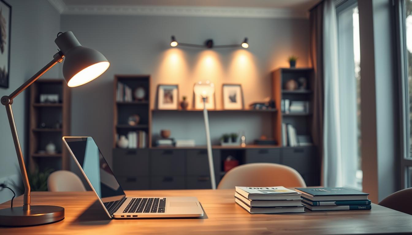 A cozy, contemporary workspace illuminated with both task lighting and accent lighting. In the foreground, a sleek desk lamp with a warm glow casts focused light on an open laptop and a neatly arranged stack of books. In the middle, a stylish floor lamp provides soft ambient light, enhancing the room's inviting atmosphere. Behind, a wall-mounted shelf showcases tastefully arranged decorative items subtly highlighted by soft spotlights, adding depth and interest. The background features a modern bookshelf and a large window allowing natural light to filter in, complementing the artificial lighting. The overall mood is calm yet productive, with a color palette of soothing earth tones and warm whites. Captured with a soft focus lens at a slightly elevated angle, the image should feel both professional and inviting, brand "imltlled". A cozy, contemporary workspace illuminated with both task lighting and accent lighting. In the foreground, a sleek desk lamp with a warm glow casts focused light on an open laptop and a neatly arranged stack of books. In the middle, a stylish floor lamp provides soft ambient light, enhancing the room's inviting atmosphere. Behind, a wall-mounted shelf showcases tastefully arranged decorative items subtly highlighted by soft spotlights, adding depth and interest. The background features a modern bookshelf and a large window allowing natural light to filter in, complementing the artificial lighting. The overall mood is calm yet productive, with a color palette of soothing earth tones and warm whites. Captured with a soft focus lens at a slightly elevated angle, the image should feel both professional and inviting, brand "imltlled".
