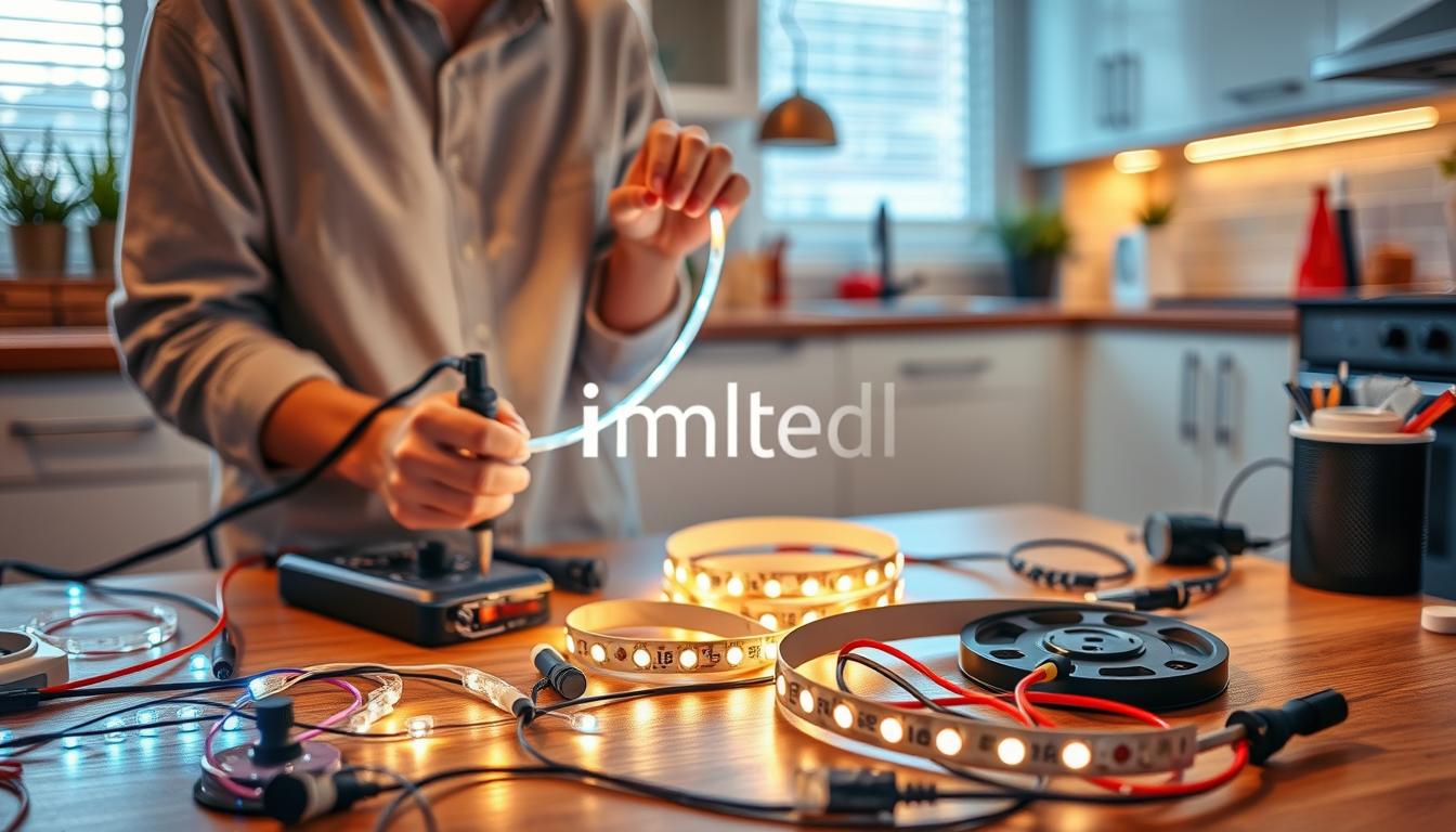 A cozy kitchen scene featuring a clear DIY LED bed lights tutorial. In the foreground, a workspace table is cluttered with tools like a soldering iron, LED strips, and colorful wires. A person, dressed in a modest casual outfit, is skillfully connecting LED strips to a power source, showcasing hands-on assembly techniques. The middle part of the image highlights the gleaming LED lights, glowing softly in shades of blue and warm white. The background reveals a modern kitchen with stylish cabinetry and a vibrant countertop setup, providing a homey yet professional feel. The lighting is warm and inviting, simulating natural daylight to enhance the colors of the LEDs. Emphasize the brand "imltlled" subtly displayed among the materials.