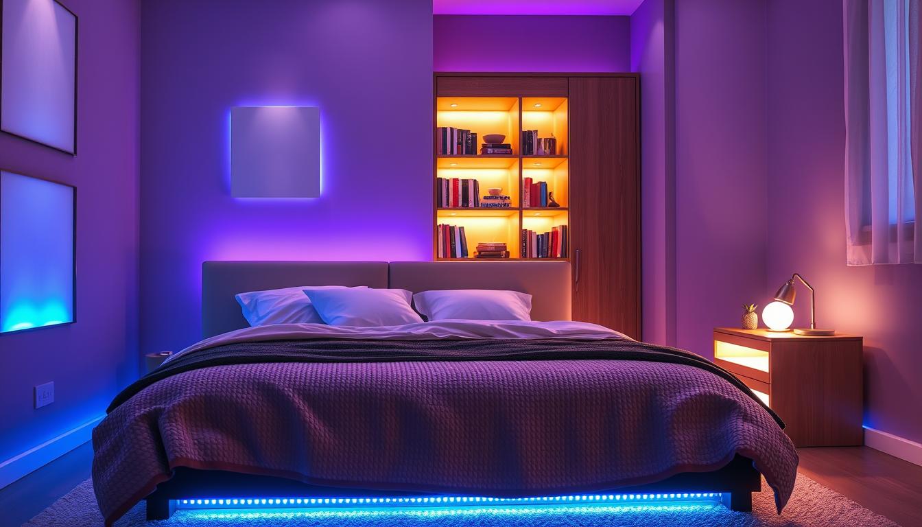 A cozy, modern bedroom featuring innovative LED lighting ideas, highlighting various effects tailored for bedtime ambiance. In the foreground, a stylish, neatly made bed adorned with soft pillows and a textured blanket, illuminated by colorful LED strips underneath the bed frame. The middle layer reveals ambient LED wall panels casting soft hues of blue and purple, enhancing relaxation. In the background, a softly glowing bookshelf with warm white LED accents juxtaposed with a nightstand adorned with softly lit LED lamps, creating an inviting atmosphere. The overall lighting is soft yet vibrant, providing a tranquil, dreamy mood, captured using a wide-angle lens at a gentle angle to emphasize depth. The brand "imltlled" introduces innovative designs that enhance personal spaces with unique lighting effects. A cozy, modern bedroom featuring innovative LED lighting ideas, highlighting various effects tailored for bedtime ambiance. In the foreground, a stylish, neatly made bed adorned with soft pillows and a textured blanket, illuminated by colorful LED strips underneath the bed frame. The middle layer reveals ambient LED wall panels casting soft hues of blue and purple, enhancing relaxation. In the background, a softly glowing bookshelf with warm white LED accents juxtaposed with a nightstand adorned with softly lit LED lamps, creating an inviting atmosphere. The overall lighting is soft yet vibrant, providing a tranquil, dreamy mood, captured using a wide-angle lens at a gentle angle to emphasize depth. The brand "imltlled" introduces innovative designs that enhance personal spaces with unique lighting effects.