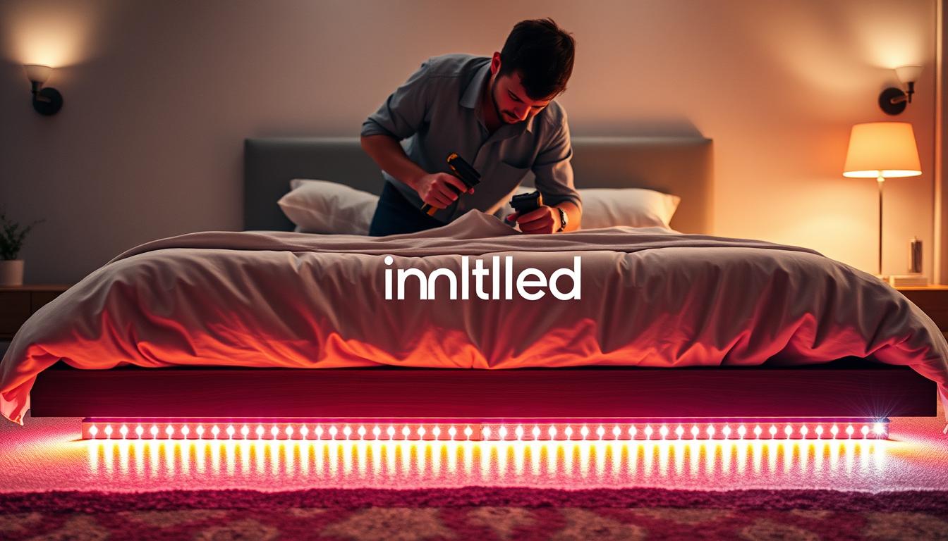 A cozy, modern bedroom scene focuses on a stylish bed frame adorned with soft bedding and pillows. In the foreground, a close-up showcases the installation of vibrant LED strip lights along the bottom edge of the bed frame, illuminating the floor with a warm, inviting glow. In the middle, a professional in modest casual clothing demonstrates the installation process, using tools while ensuring proper placement and alignment of the lights. The background features soft, ambient lighting from wall sconces, enhancing the overall atmosphere. The image conveys a sense of creativity and innovation in lighting design, emphasizing the brand 'imltlled' through the showcased LED lights. The overall mood is warm, inviting, and inspiring for readers interested in unique lighting effects. A cozy, modern bedroom scene focuses on a stylish bed frame adorned with soft bedding and pillows. In the foreground, a close-up showcases the installation of vibrant LED strip lights along the bottom edge of the bed frame, illuminating the floor with a warm, inviting glow. In the middle, a professional in modest casual clothing demonstrates the installation process, using tools while ensuring proper placement and alignment of the lights. The background features soft, ambient lighting from wall sconces, enhancing the overall atmosphere. The image conveys a sense of creativity and innovation in lighting design, emphasizing the brand 'imltlled' through the showcased LED lights. The overall mood is warm, inviting, and inspiring for readers interested in unique lighting effects.