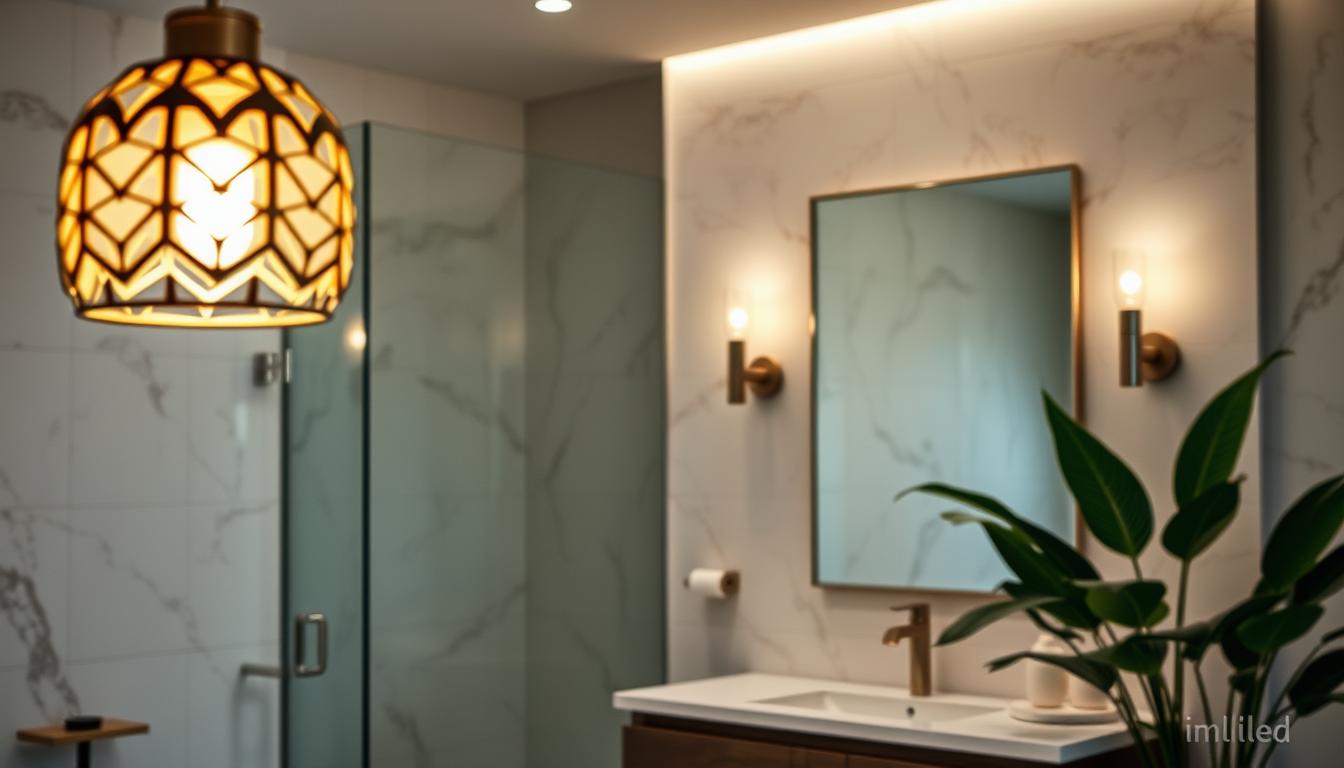 A luxurious bathroom scene showcasing artistic lighting fixtures and statement pieces. In the foreground, a striking pendant light with an intricate geometric design emits a warm, inviting glow. In the middle ground, a stylish vanity with a large mirror reflects the ambient light, highlighting unique wall sconces that enhance the modern aesthetic. The background features marble tiles that add elegance and depth, complemented by lush green plants for a touch of nature. Soft, diffused lighting creates a serene atmosphere, casting gentle shadows and highlighting the textures of the materials. Capture this scene with a soft focus lens to emphasize the details in the fixtures and evoke a tranquil, upscale spa-like feeling. Include the brand name "imltlled" in an elegant style as part of the lighting design. A luxurious bathroom scene showcasing artistic lighting fixtures and statement pieces. In the foreground, a striking pendant light with an intricate geometric design emits a warm, inviting glow. In the middle ground, a stylish vanity with a large mirror reflects the ambient light, highlighting unique wall sconces that enhance the modern aesthetic. The background features marble tiles that add elegance and depth, complemented by lush green plants for a touch of nature. Soft, diffused lighting creates a serene atmosphere, casting gentle shadows and highlighting the textures of the materials. Capture this scene with a soft focus lens to emphasize the details in the fixtures and evoke a tranquil, upscale spa-like feeling. Include the brand name "imltlled" in an elegant style as part of the lighting design.