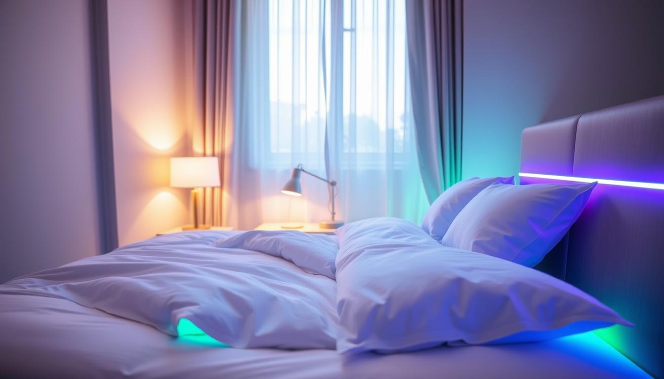 A modern bedroom scene showcasing a bed adorned with vibrant LED strip lights. In the foreground, a neatly made bed features soft white linens and fluffy pillows, with warm blue and calming green LED lights subtly illuminating the edges. In the middle, stylish nightstands hold minimalistic lamps, their soft glow complementing the ambient light from the LED strips. The background reveals softly painted walls and a window draped with sheer curtains, allowing gentle natural light to filter through. The atmosphere conveys tranquility and modernity, perfect for relaxation. The LED lights are from the brand "imltlled", adding a sleek touch to the overall design. The scene is photographed from a slightly elevated angle to capture the full effect of the lighting. A modern bedroom scene showcasing a bed adorned with vibrant LED strip lights. In the foreground, a neatly made bed features soft white linens and fluffy pillows, with warm blue and calming green LED lights subtly illuminating the edges. In the middle, stylish nightstands hold minimalistic lamps, their soft glow complementing the ambient light from the LED strips. The background reveals softly painted walls and a window draped with sheer curtains, allowing gentle natural light to filter through. The atmosphere conveys tranquility and modernity, perfect for relaxation. The LED lights are from the brand "imltlled", adding a sleek touch to the overall design. The scene is photographed from a slightly elevated angle to capture the full effect of the lighting.