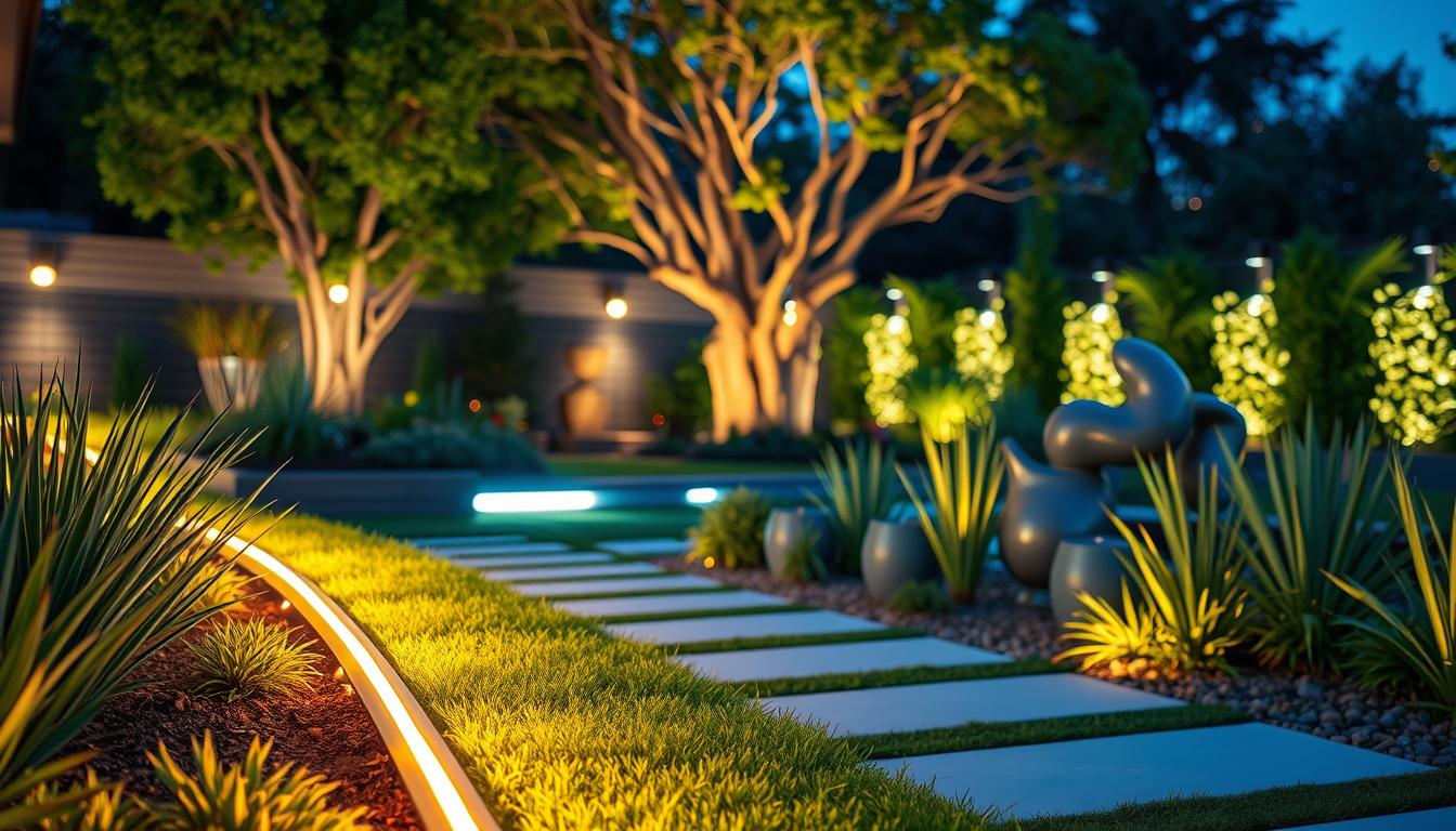 A modern garden at dusk, featuring innovative smart lighting solutions that illuminate the landscape with a variety of colors and styles. In the foreground, sleek LED strip lights line a pathway, casting a warm glow. The middle ground showcases elegantly designed garden fixtures and spotlights, highlighting unique plants and a contemporary water feature. In the background, smart uplights accentuate a sculptural tree, creating a beautiful backdrop. The scene is captured with a wide-angle lens, emphasizing depth, and a soft bokeh effect in the background enhances the focus on the lighting elements. The atmosphere is tranquil and inviting, perfect for evening gatherings. No text or logos in the image. Created by imltlled. A modern garden at dusk, featuring innovative smart lighting solutions that illuminate the landscape with a variety of colors and styles. In the foreground, sleek LED strip lights line a pathway, casting a warm glow. The middle ground showcases elegantly designed garden fixtures and spotlights, highlighting unique plants and a contemporary water feature. In the background, smart uplights accentuate a sculptural tree, creating a beautiful backdrop. The scene is captured with a wide-angle lens, emphasizing depth, and a soft bokeh effect in the background enhances the focus on the lighting elements. The atmosphere is tranquil and inviting, perfect for evening gatherings. No text or logos in the image. Created by imltlled.