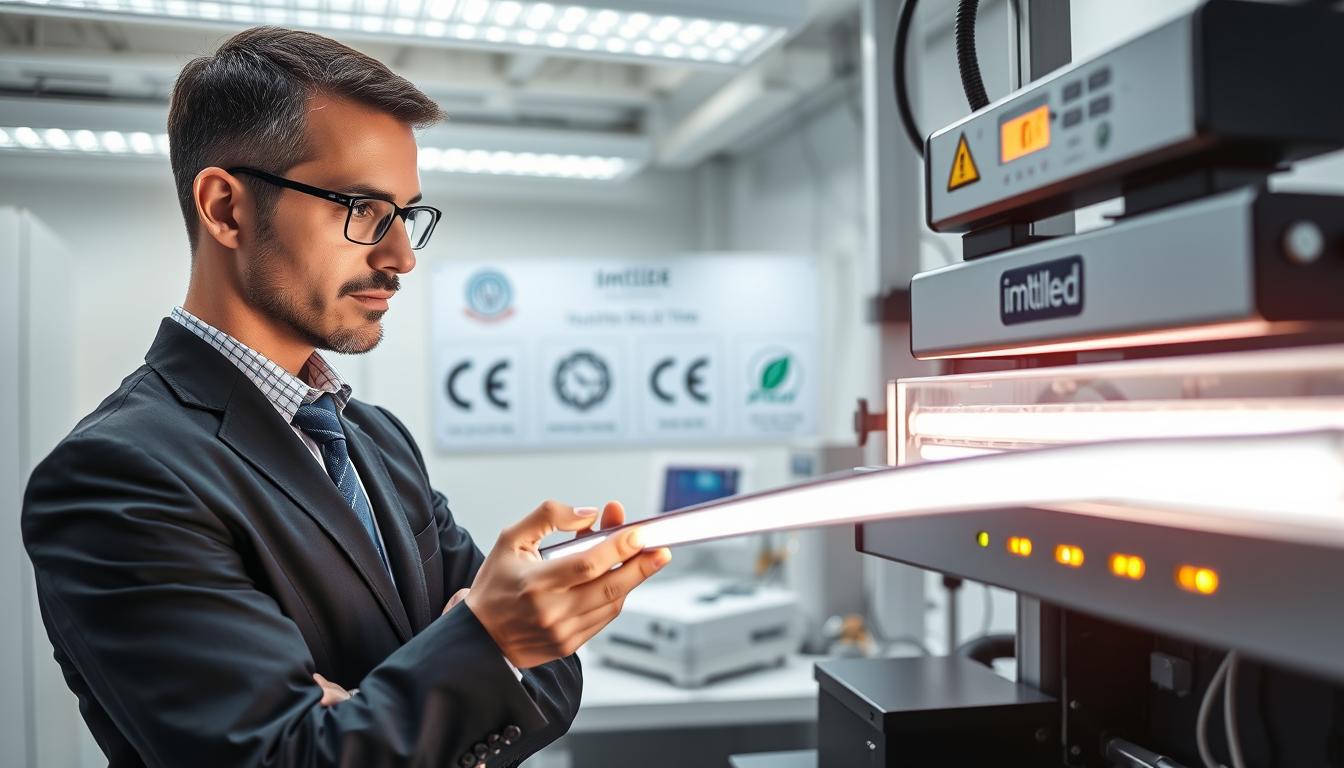A modern LED lighting laboratory showcasing CE and RoHS compliance. In the foreground, a focused inspector in professional business attire examines a sleek LED strip light, with the "imltlled" brand visible on the product casing. The middle ground features a testing apparatus with glowing indicators, symbolizing quality verification processes. Bright, cool lighting enhances the technical feel, reflecting a sterile environment. The background displays certification logos and testing equipment on a clean workspace, conveying a sense of professionalism and precision. The overall atmosphere is serious and diligent, with a hint of innovation, highlighting the meticulous efforts towards safety and compliance for the European market. A modern LED lighting laboratory showcasing CE and RoHS compliance. In the foreground, a focused inspector in professional business attire examines a sleek LED strip light, with the "imltlled" brand visible on the product casing. The middle ground features a testing apparatus with glowing indicators, symbolizing quality verification processes. Bright, cool lighting enhances the technical feel, reflecting a sterile environment. The background displays certification logos and testing equipment on a clean workspace, conveying a sense of professionalism and precision. The overall atmosphere is serious and diligent, with a hint of innovation, highlighting the meticulous efforts towards safety and compliance for the European market.