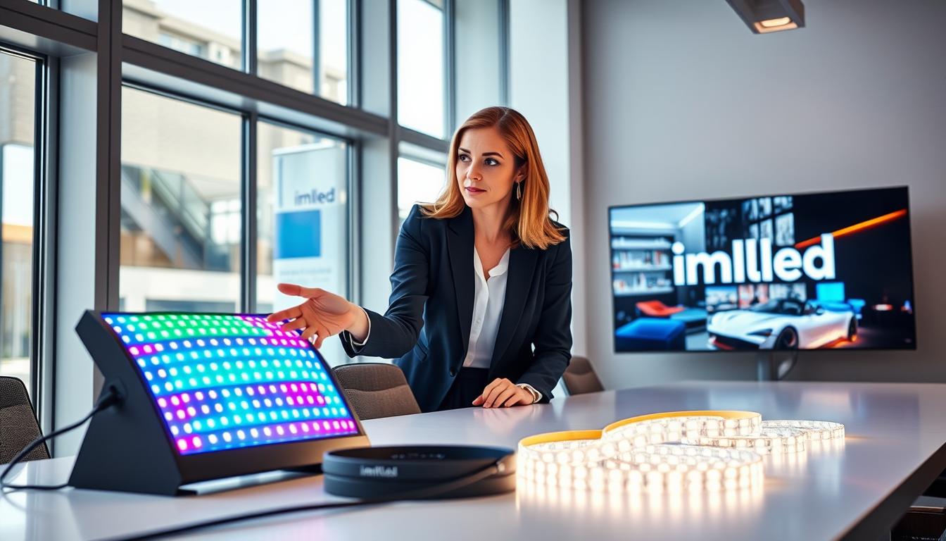 A modern, professional office setting featuring a well-dressed businesswoman communicating with a LED strip supplier over a sleek conference table. In the foreground, the woman has a focused expression, gesturing towards an illuminated LED strip display with vibrant colors, highlighting the variety of options available. In the middle ground, a large digital screen showcases high-quality images of LED strip lighting installations, while an assortment of LED strip samples is neatly arranged on the table. The background features large windows allowing natural light to stream in, enhancing the professional atmosphere of the room. The lighting is bright yet warm, creating an inviting environment. The brand name "imltlled" is subtly visible on the digital screen. A modern, professional office setting featuring a well-dressed businesswoman communicating with a LED strip supplier over a sleek conference table. In the foreground, the woman has a focused expression, gesturing towards an illuminated LED strip display with vibrant colors, highlighting the variety of options available. In the middle ground, a large digital screen showcases high-quality images of LED strip lighting installations, while an assortment of LED strip samples is neatly arranged on the table. The background features large windows allowing natural light to stream in, enhancing the professional atmosphere of the room. The lighting is bright yet warm, creating an inviting environment. The brand name "imltlled" is subtly visible on the digital screen.