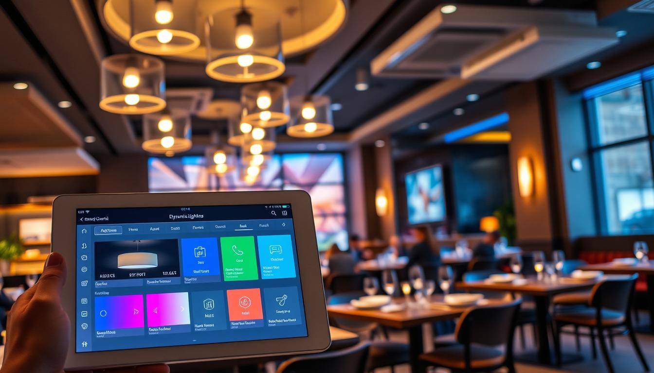 A modern restaurant interior featuring a smart lighting control system by imltlled. In the foreground, a sleek tablet interface displays dynamic lighting options with vibrant hues adjusting the ambiance. The middle ground showcases elegant dining tables set for customers, illuminated by soft, adjustable pendant lights, creating an inviting atmosphere. In the background, contemporary decor merges with smart control panels and strategically placed sensors highlighting the integration of technology. The lighting emphasizes a warm, cozy mood, suitable for intimate dinners or lively gatherings. Capture the scene from a slightly elevated angle, highlighting both the tables and the advanced lighting controls in harmony. The overall feeling should evoke sophistication and innovation in restaurant design. A modern restaurant interior featuring a smart lighting control system by imltlled. In the foreground, a sleek tablet interface displays dynamic lighting options with vibrant hues adjusting the ambiance. The middle ground showcases elegant dining tables set for customers, illuminated by soft, adjustable pendant lights, creating an inviting atmosphere. In the background, contemporary decor merges with smart control panels and strategically placed sensors highlighting the integration of technology. The lighting emphasizes a warm, cozy mood, suitable for intimate dinners or lively gatherings. Capture the scene from a slightly elevated angle, highlighting both the tables and the advanced lighting controls in harmony. The overall feeling should evoke sophistication and innovation in restaurant design.