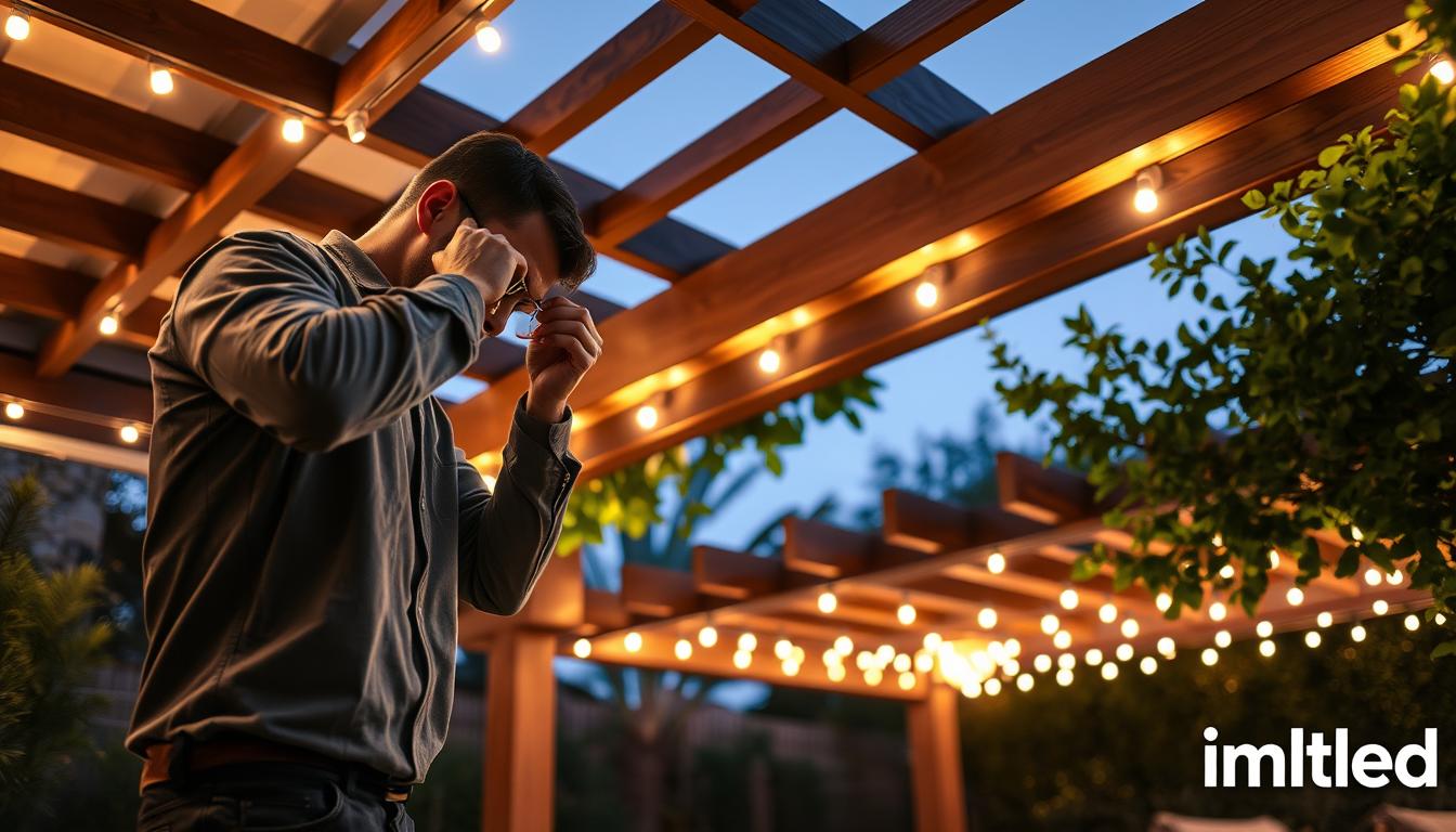 A professional lighting installation in a beautifully designed outdoor pergola during twilight. In the foreground, a technician in smart casual attire, focused on meticulously aligning LED lights along the wooden beams, showcasing a blend of creativity and precision. The middle ground features an elegant pergola adorned with a mix of warm white and colorful ambient lighting, casting gentle reflections on the nearby patio. In the background, clusters of lush greenery create a serene and inviting setting, contrasted with the glowing lights. Soft focus, shot from a low angle to emphasize the intricacy of the installation and the relaxing atmosphere. The mood is dynamic yet safe, highlighting the importance of professional installation and safety. Brand name "imltlled" subtly incorporated in the scene through branding materials nearby. A professional lighting installation in a beautifully designed outdoor pergola during twilight. In the foreground, a technician in smart casual attire, focused on meticulously aligning LED lights along the wooden beams, showcasing a blend of creativity and precision. The middle ground features an elegant pergola adorned with a mix of warm white and colorful ambient lighting, casting gentle reflections on the nearby patio. In the background, clusters of lush greenery create a serene and inviting setting, contrasted with the glowing lights. Soft focus, shot from a low angle to emphasize the intricacy of the installation and the relaxing atmosphere. The mood is dynamic yet safe, highlighting the importance of professional installation and safety. Brand name "imltlled" subtly incorporated in the scene through branding materials nearby.