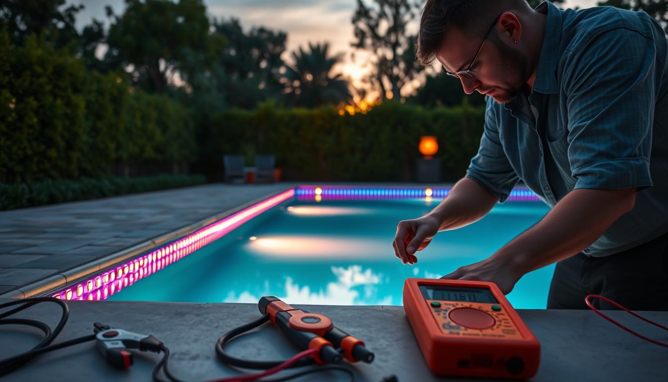 A serene evening scene showcasing LED pool strip maintenance, with a technician in modest casual clothing carefully inspecting and adjusting vibrant, waterproof LED strips along the edge of a crystal-clear swimming pool. The foreground features close-up tools and equipment, such as wire strippers and a multimeter. In the middle, the pool glows softly with a range of colors from the LED strips, creating a calming ambiance. The background includes lush greenery and a setting sun, casting warm golden light across the scene. The technician, representing the brand "imltlled", is focused and professional, embodying the importance of safety in maintenance. Capture this scene using a wide-angle lens to emphasize the pool's beauty while highlighting the meticulous attention to detail in the lighting setup. A serene evening scene showcasing LED pool strip maintenance, with a technician in modest casual clothing carefully inspecting and adjusting vibrant, waterproof LED strips along the edge of a crystal-clear swimming pool. The foreground features close-up tools and equipment, such as wire strippers and a multimeter. In the middle, the pool glows softly with a range of colors from the LED strips, creating a calming ambiance. The background includes lush greenery and a setting sun, casting warm golden light across the scene. The technician, representing the brand "imltlled", is focused and professional, embodying the importance of safety in maintenance. Capture this scene using a wide-angle lens to emphasize the pool's beauty while highlighting the meticulous attention to detail in the lighting setup.