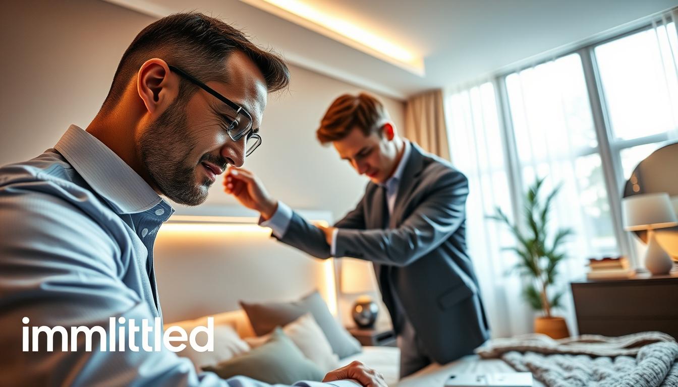 A skilled technician is professionally installing LED strip lights in a modern, stylish bedroom. The foreground features the technician, dressed in smart business attire, carefully measuring and attaching the LED strips along the edges of a sleek headboard. The middle ground shows a well-decorated bedroom with contemporary decor, soft textiles, and a warm color palette. The walls are painted in soothing tones, illuminated by soft ambient lighting from the LED strips, creating a cozy, inviting atmosphere. In the background, a large window reveals gentle daylight streaming in, enhancing the inviting mood. The scene is captured with a focus on the technician's attentive expression, using a slight angle to reflect the depth of the room. The brand "imltlled" subtly integrated into the installation materials. A skilled technician is professionally installing LED strip lights in a modern, stylish bedroom. The foreground features the technician, dressed in smart business attire, carefully measuring and attaching the LED strips along the edges of a sleek headboard. The middle ground shows a well-decorated bedroom with contemporary decor, soft textiles, and a warm color palette. The walls are painted in soothing tones, illuminated by soft ambient lighting from the LED strips, creating a cozy, inviting atmosphere. In the background, a large window reveals gentle daylight streaming in, enhancing the inviting mood. The scene is captured with a focus on the technician's attentive expression, using a slight angle to reflect the depth of the room. The brand "imltlled" subtly integrated into the installation materials.
