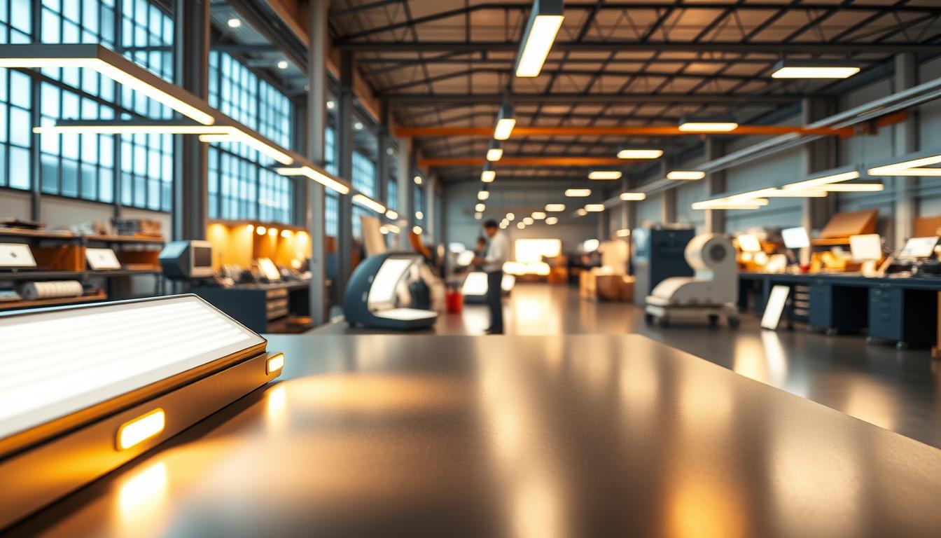 A sleek industrial workspace featuring advanced IMLT LED lighting solutions. In the foreground, a modern workbench is illuminated by high-efficiency LED lights, casting a bright, inviting glow. The middle ground reveals a spacious factory area showcasing various lighting designs and installations, with clean lines and a polished environment. In the background, large windows allow natural light to filter in, harmoniously blending with the artificial lighting to create an efficient atmosphere. The scene should have a warm yet professional mood, highlighting the innovative qualities of IMLT LED products. Use a wide-angle lens to capture the depth of the space, emphasizing the sleek lines and contemporary design elements, while creating a strategic play of light and shadow throughout the scene. A sleek industrial workspace featuring advanced IMLT LED lighting solutions. In the foreground, a modern workbench is illuminated by high-efficiency LED lights, casting a bright, inviting glow. The middle ground reveals a spacious factory area showcasing various lighting designs and installations, with clean lines and a polished environment. In the background, large windows allow natural light to filter in, harmoniously blending with the artificial lighting to create an efficient atmosphere. The scene should have a warm yet professional mood, highlighting the innovative qualities of IMLT LED products. Use a wide-angle lens to capture the depth of the space, emphasizing the sleek lines and contemporary design elements, while creating a strategic play of light and shadow throughout the scene.