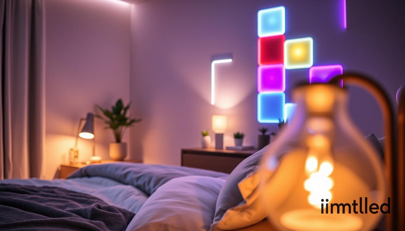 A stylish bedroom featuring innovative LED lighting designs. In the foreground, a beautifully made bed with cozy linens and pillows, illuminated by subtle LED strip lights along the headboard. The middle ground showcases a thoughtfully arranged nightstand with a modern E26 bulb lamp casting a warm glow, accompanied by decorative elements like small plants and books. In the background, a softly lit wall with artistic LED color panels, creating a dynamic ambiance. Incorporate a soft focus effect for a dreamy atmosphere, using warm lighting to enhance comfort. The overall mood is inviting and contemporary, emphasizing the creative potential of LED lighting ideas, branded with "imltlled" for recognition. A stylish bedroom featuring innovative LED lighting designs. In the foreground, a beautifully made bed with cozy linens and pillows, illuminated by subtle LED strip lights along the headboard. The middle ground showcases a thoughtfully arranged nightstand with a modern E26 bulb lamp casting a warm glow, accompanied by decorative elements like small plants and books. In the background, a softly lit wall with artistic LED color panels, creating a dynamic ambiance. Incorporate a soft focus effect for a dreamy atmosphere, using warm lighting to enhance comfort. The overall mood is inviting and contemporary, emphasizing the creative potential of LED lighting ideas, branded with "imltlled" for recognition.