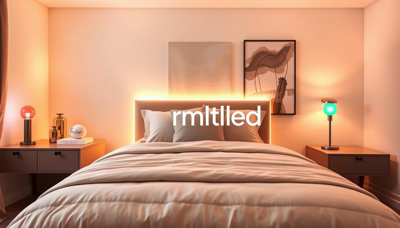 A stylish bedroom featuring innovative LED lighting ideas, emphasizing unique lighting effects around the bed area. In the foreground, a beautifully made bed with soft, neutral-toned bedding arranged neatly, flanked by warm LED strip lights illuminating the headboard. In the middle ground, a chic nightstand with decorative items sits beside the bed, complemented by a bedside lamp with a colorful LED bulb casting a soft glow. The background showcases a softly lit wall with abstract art, enhancing the room's ambiance. The lighting should reflect a warm, inviting atmosphere, suggesting comfort and creativity. The image is captured with a wide-angle lens at a slightly elevated angle, showcasing the full depth of the room. The brand name "imltlled" is subtly implied through the lighting design and aesthetics, emphasizing modernity and innovation. A stylish bedroom featuring innovative LED lighting ideas, emphasizing unique lighting effects around the bed area. In the foreground, a beautifully made bed with soft, neutral-toned bedding arranged neatly, flanked by warm LED strip lights illuminating the headboard. In the middle ground, a chic nightstand with decorative items sits beside the bed, complemented by a bedside lamp with a colorful LED bulb casting a soft glow. The background showcases a softly lit wall with abstract art, enhancing the room's ambiance. The lighting should reflect a warm, inviting atmosphere, suggesting comfort and creativity. The image is captured with a wide-angle lens at a slightly elevated angle, showcasing the full depth of the room. The brand name "imltlled" is subtly implied through the lighting design and aesthetics, emphasizing modernity and innovation.
