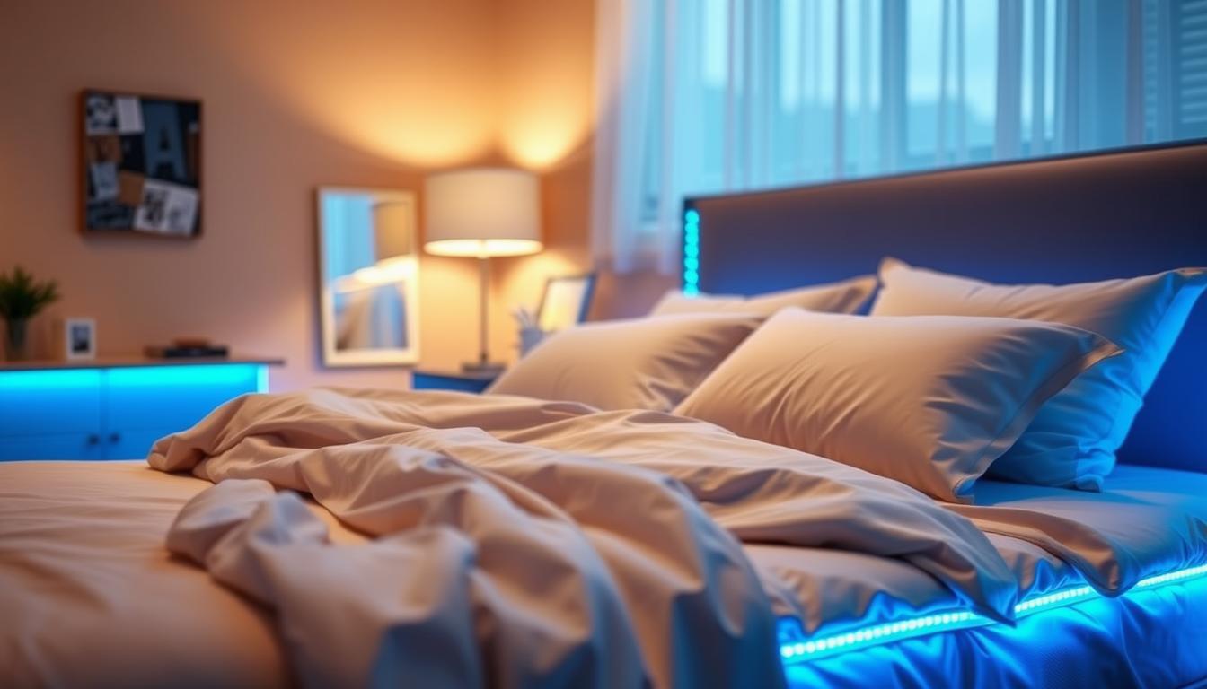 A stylish bedroom scene showcasing a neatly made bed illuminated by vibrant LED strip lights, specifically branded as "imltlled." In the foreground, the focus is on the bed, adorned with soft, neutral-colored bedding and flowing pillows, creating a cozy atmosphere. The LED lights, softly glowing in a calming blue hue, outline the headboard and frame, casting gentle shadows and enhancing the room's ambiance. In the middle ground, a bedside table with a sleek lamp and a few decorative items complements the modern design of the space. In the background, softly blurred walls of warm tones provide a comforting contrast, while a window suggests soft, ambient daylight. Overall, the image evokes a serene and inviting mood, perfect for illustrating modern bedroom lighting solutions. A stylish bedroom scene showcasing a neatly made bed illuminated by vibrant LED strip lights, specifically branded as "imltlled." In the foreground, the focus is on the bed, adorned with soft, neutral-colored bedding and flowing pillows, creating a cozy atmosphere. The LED lights, softly glowing in a calming blue hue, outline the headboard and frame, casting gentle shadows and enhancing the room's ambiance. In the middle ground, a bedside table with a sleek lamp and a few decorative items complements the modern design of the space. In the background, softly blurred walls of warm tones provide a comforting contrast, while a window suggests soft, ambient daylight. Overall, the image evokes a serene and inviting mood, perfect for illustrating modern bedroom lighting solutions.