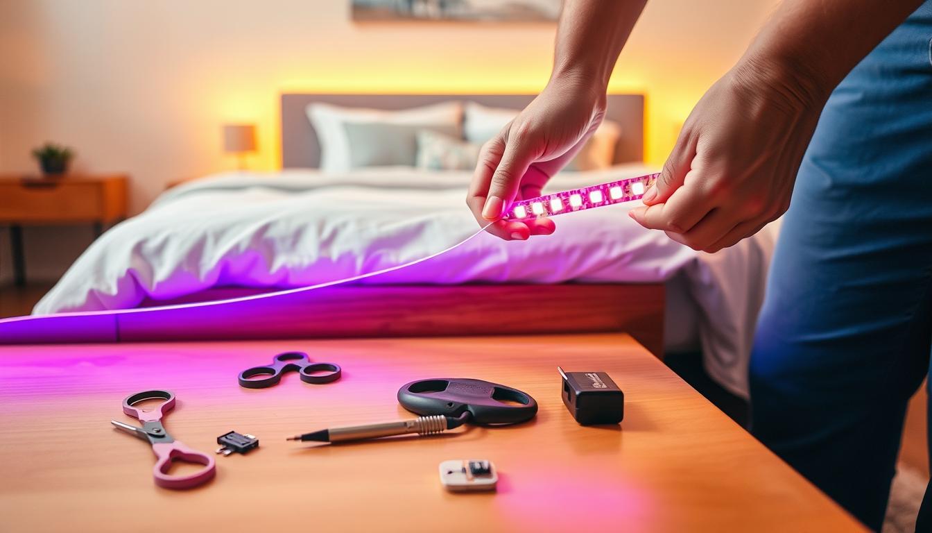 A well-lit room featuring a close-up view of a stylish bed frame with LED strip lights being installed. In the foreground, a pair of hands carefully adhering a vibrant LED light strip along the side of a wooden bed frame, showcasing the brand name "imltlled." The middle ground reveals tools like scissors, adhesive clips, and a power adapter neatly arranged, adding a DIY vibe. In the background, a neatly made bed with soft, modern bedding complements the scene, while warm ambient lighting creates a cozy atmosphere. The angle is slightly above eye level, focusing on the installation process, making it both informative and inviting, reflecting a sense of tranquility and creativity in home improvement. A well-lit room featuring a close-up view of a stylish bed frame with LED strip lights being installed. In the foreground, a pair of hands carefully adhering a vibrant LED light strip along the side of a wooden bed frame, showcasing the brand name "imltlled." The middle ground reveals tools like scissors, adhesive clips, and a power adapter neatly arranged, adding a DIY vibe. In the background, a neatly made bed with soft, modern bedding complements the scene, while warm ambient lighting creates a cozy atmosphere. The angle is slightly above eye level, focusing on the installation process, making it both informative and inviting, reflecting a sense of tranquility and creativity in home improvement.