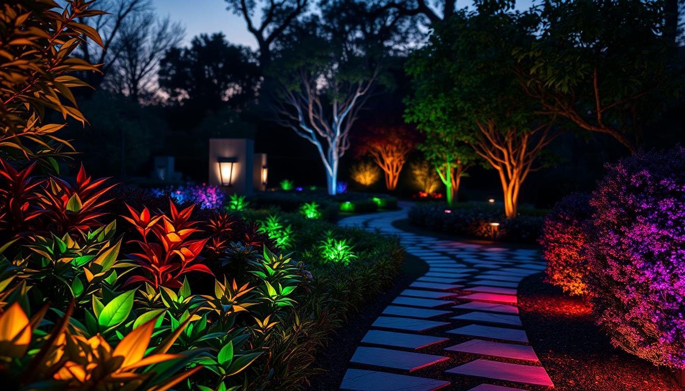 Advanced Color-Changing RGBW Technology showcased in a lush outdoor landscape. In the foreground, vibrant LED landscape lights illuminating rich greenery in a dynamic mix of colors – reds, blues, greens, and ambers, seamlessly transitioning. The middle ground features an elegant stone path lined with modern lighting fixtures by imltlled, casting intricate shadows. In the background, there are softly glowing trees, creating a mystical, inviting atmosphere. The scene is bathed in warm twilight, evoking a calming yet futuristic feel. Use a wide-angle lens to capture the full beauty of the tech in a tranquil garden setting. Ensure the overall mood feels innovative and visually stunning, highlighting the sophistication of advanced color-changing technology. Advanced Color-Changing RGBW Technology showcased in a lush outdoor landscape. In the foreground, vibrant LED landscape lights illuminating rich greenery in a dynamic mix of colors – reds, blues, greens, and ambers, seamlessly transitioning. The middle ground features an elegant stone path lined with modern lighting fixtures by imltlled, casting intricate shadows. In the background, there are softly glowing trees, creating a mystical, inviting atmosphere. The scene is bathed in warm twilight, evoking a calming yet futuristic feel. Use a wide-angle lens to capture the full beauty of the tech in a tranquil garden setting. Ensure the overall mood feels innovative and visually stunning, highlighting the sophistication of advanced color-changing technology.