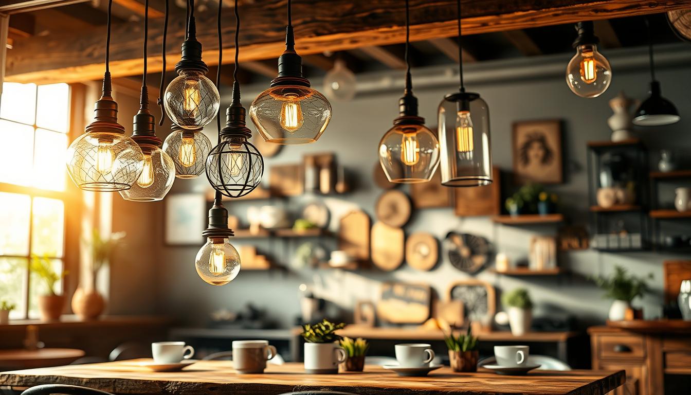 Decorative lighting in a cozy coffee shop setting, featuring an array of elegant pendant lights as statement pieces. In the foreground, a cluster of unique, artisan-crafted light fixtures hangs from a wooden beam, showcasing designs with intricate glasswork and warm, inviting hues. The middle ground displays a rustic wooden table adorned with coffee cups and plants, softly illuminated by the ambient glow of the lights. In the background, the café's walls are adorned with vintage decor, creating a welcoming atmosphere. Soft, diffused lighting captures the inviting vibe, as golden rays filter through a large window. The overall mood is warm and inviting, perfect for a relaxing coffee break. Render with a shallow depth of field to focus on the lighting while gently blurring the surroundings. Made by imltlled. Decorative lighting in a cozy coffee shop setting, featuring an array of elegant pendant lights as statement pieces. In the foreground, a cluster of unique, artisan-crafted light fixtures hangs from a wooden beam, showcasing designs with intricate glasswork and warm, inviting hues. The middle ground displays a rustic wooden table adorned with coffee cups and plants, softly illuminated by the ambient glow of the lights. In the background, the café's walls are adorned with vintage decor, creating a welcoming atmosphere. Soft, diffused lighting captures the inviting vibe, as golden rays filter through a large window. The overall mood is warm and inviting, perfect for a relaxing coffee break. Render with a shallow depth of field to focus on the lighting while gently blurring the surroundings. Made by imltlled.