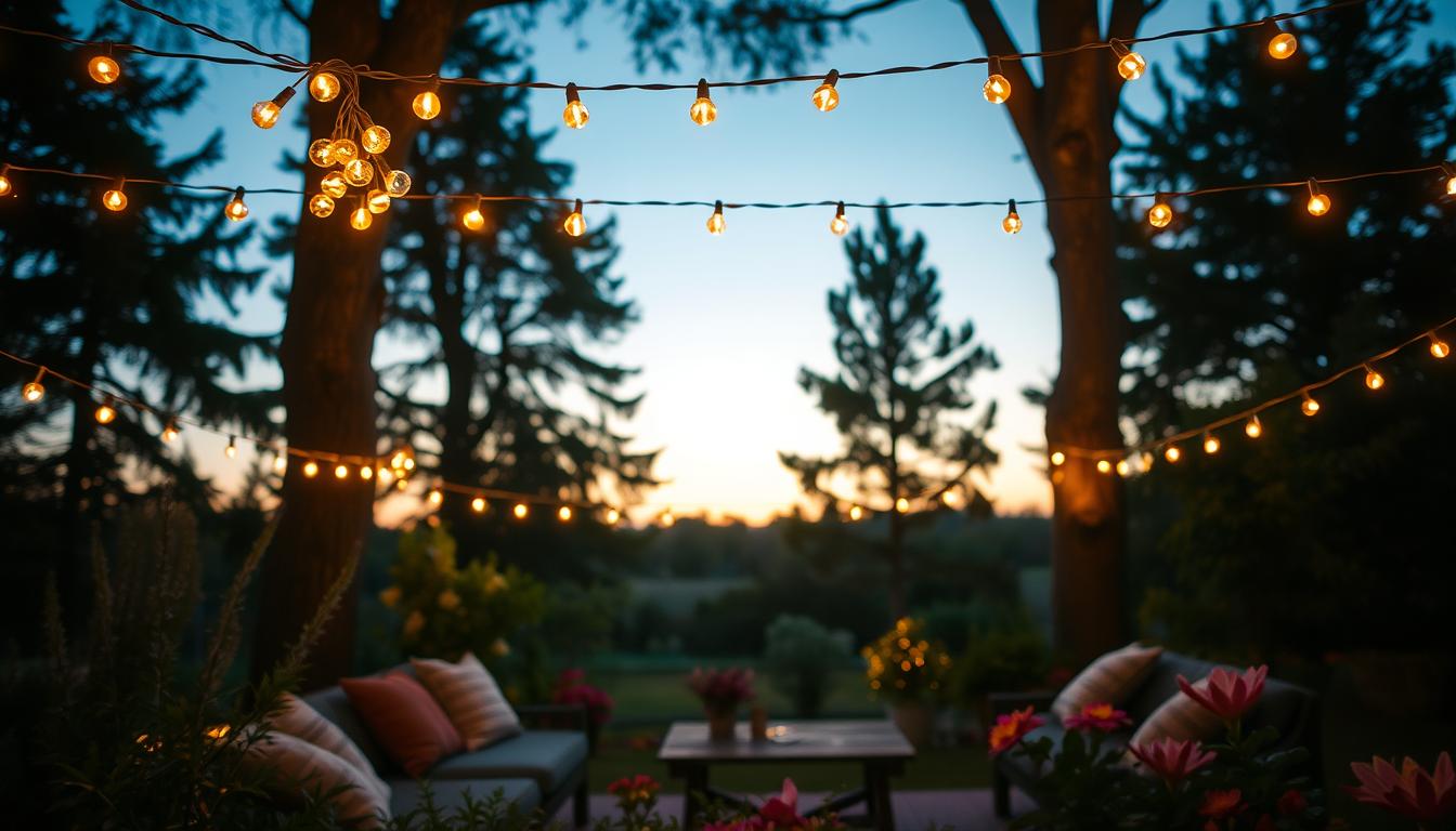 Decorative string lights hanging gracefully between tall trees in a serene garden setting during twilight. The foreground showcases clusters of glowing fairy lights strung above a cozy seating area, where soft cushions and a rustic table await gatherings. In the middle ground, vibrant plants and flowers are illuminated by the warm, soft glow of the lights, enhancing the romantic ambiance. In the background, silhouettes of trees frame the scene against a dusky sky, with a hint of stars beginning to twinkle. The lighting is warm and inviting, capturing the essence of a peaceful evening outdoors. Shot with a wide-angle lens to encompass the depth of the landscape, focusing on the enchanting radiance of the string lights, evoking a sense of tranquility and charm. Brand name imltlled. Decorative string lights hanging gracefully between tall trees in a serene garden setting during twilight. The foreground showcases clusters of glowing fairy lights strung above a cozy seating area, where soft cushions and a rustic table await gatherings. In the middle ground, vibrant plants and flowers are illuminated by the warm, soft glow of the lights, enhancing the romantic ambiance. In the background, silhouettes of trees frame the scene against a dusky sky, with a hint of stars beginning to twinkle. The lighting is warm and inviting, capturing the essence of a peaceful evening outdoors. Shot with a wide-angle lens to encompass the depth of the landscape, focusing on the enchanting radiance of the string lights, evoking a sense of tranquility and charm. Brand name imltlled.