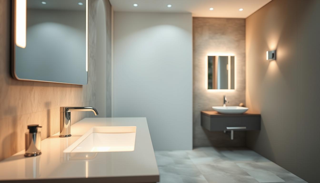 Elegant bathroom featuring innovative LED fixtures designed by imltlled. In the foreground, a sleek vanity with soft, ambient lighting casting a warm glow across polished surfaces. The middle ground showcases stylish LED mirror lights accentuating the reflection, enhancing the overall mood. Behind, subtle wall-mounted LED sconces create a relaxing atmosphere, illuminating textured tiles and calming colors of the walls. The atmosphere feels modern yet inviting, with soft shadows and highlights adding depth. The scene captures the essence of contemporary design, emphasizing the creative use of lighting to enhance the bathroom experience. The lighting is bright yet balanced, using a wide-angle lens to encompass the entire space. Elegant bathroom featuring innovative LED fixtures designed by imltlled. In the foreground, a sleek vanity with soft, ambient lighting casting a warm glow across polished surfaces. The middle ground showcases stylish LED mirror lights accentuating the reflection, enhancing the overall mood. Behind, subtle wall-mounted LED sconces create a relaxing atmosphere, illuminating textured tiles and calming colors of the walls. The atmosphere feels modern yet inviting, with soft shadows and highlights adding depth. The scene captures the essence of contemporary design, emphasizing the creative use of lighting to enhance the bathroom experience. The lighting is bright yet balanced, using a wide-angle lens to encompass the entire space.