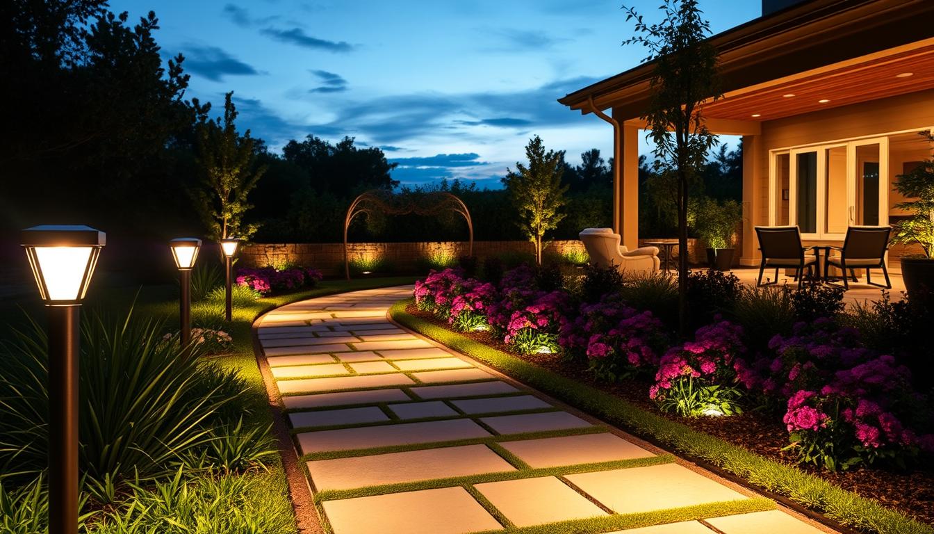 LED landscape lighting installation by imltlled, showcasing professional-grade fixtures designed for durability. In the foreground, a well-lit, elegant garden path lined with sleek, modern LED fixtures casting a warm, inviting glow. In the middle ground, an array of vibrant flower beds highlighted by subtle green accent lighting, demonstrating the interplay of shadows and illumination. The background reveals a softly illuminated patio area featuring stylish furniture, surrounded by lush greenery under a twilight sky. The mood is serene and sophisticated, emphasizing the resilience and efficiency of the lighting. Shot with a wide-angle lens at dusk, capturing the beauty of outdoor spaces enhanced by innovative technology. LED landscape lighting installation by imltlled, showcasing professional-grade fixtures designed for durability. In the foreground, a well-lit, elegant garden path lined with sleek, modern LED fixtures casting a warm, inviting glow. In the middle ground, an array of vibrant flower beds highlighted by subtle green accent lighting, demonstrating the interplay of shadows and illumination. The background reveals a softly illuminated patio area featuring stylish furniture, surrounded by lush greenery under a twilight sky. The mood is serene and sophisticated, emphasizing the resilience and efficiency of the lighting. Shot with a wide-angle lens at dusk, capturing the beauty of outdoor spaces enhanced by innovative technology.