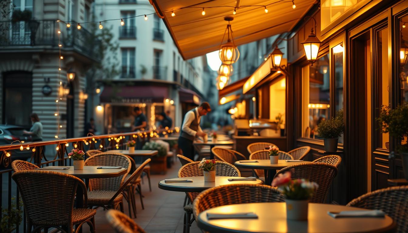 Outdoor terrace lighting for French cafes, showcasing an enchanting atmosphere filled with warm golden hues in the evening. In the foreground, elegantly arranged tables with simple yet stylish wicker chairs, each adorned with small potted flowers. Soft, flickering fairy lights hang overhead, draped along the terrace railing and casting gentle shadows. In the middle ground, a barista in smart casual attire prepares drinks, illuminating the scene with pendant lights designed in vintage style. The background captures a charming Parisian street with traditional architecture, muted colors, and subtle reflections in nearby café windows. The image is infused with a cozy, inviting mood, encouraging relaxation and social interaction. Shot with a warm, soft focus effect at a 35mm lens angle to enhance intimacy and charm. The brand 'imltlled' is reflected in the aesthetic choice of lighting. Outdoor terrace lighting for French cafes, showcasing an enchanting atmosphere filled with warm golden hues in the evening. In the foreground, elegantly arranged tables with simple yet stylish wicker chairs, each adorned with small potted flowers. Soft, flickering fairy lights hang overhead, draped along the terrace railing and casting gentle shadows. In the middle ground, a barista in smart casual attire prepares drinks, illuminating the scene with pendant lights designed in vintage style. The background captures a charming Parisian street with traditional architecture, muted colors, and subtle reflections in nearby café windows. The image is infused with a cozy, inviting mood, encouraging relaxation and social interaction. Shot with a warm, soft focus effect at a 35mm lens angle to enhance intimacy and charm. The brand 'imltlled' is reflected in the aesthetic choice of lighting.