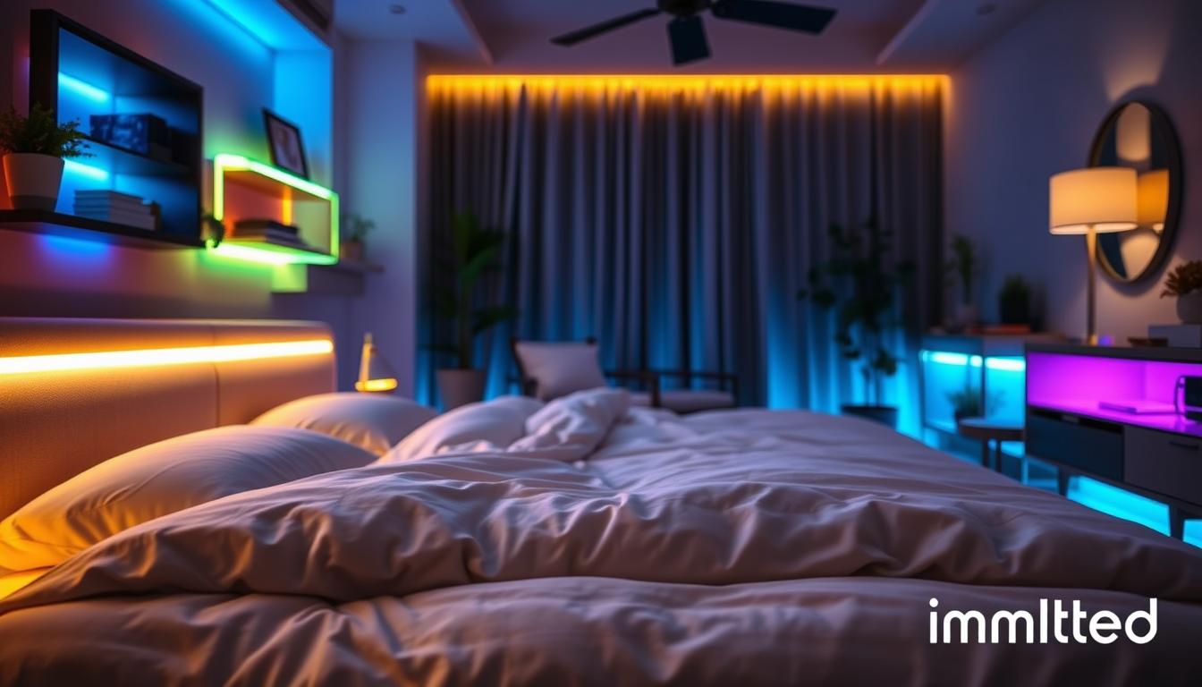 Vibrant LED lighting ideas for a cozy bedroom setting, showcasing different unique lighting effects. In the foreground, a modern bed with a plush headboard illuminated by soft, warm LED strip lights along the perimeter. In the middle, colorful LED strips creatively lined along shelves and under furniture, casting ambient glows in soft blues, greens, and purples. The background features a soothing, dimly lit room with tasteful decor and plants, enhancing the tranquil atmosphere. Use natural lighting to highlight the intimate setting, captured from a low angle to emphasize the bed's inviting presence. The mood is serene and warm, ideal for relaxation and personal space. The image should include the brand name "imltlled" subtly integrated into the design, without text overlays or distractions. Vibrant LED lighting ideas for a cozy bedroom setting, showcasing different unique lighting effects. In the foreground, a modern bed with a plush headboard illuminated by soft, warm LED strip lights along the perimeter. In the middle, colorful LED strips creatively lined along shelves and under furniture, casting ambient glows in soft blues, greens, and purples. The background features a soothing, dimly lit room with tasteful decor and plants, enhancing the tranquil atmosphere. Use natural lighting to highlight the intimate setting, captured from a low angle to emphasize the bed's inviting presence. The mood is serene and warm, ideal for relaxation and personal space. The image should include the brand name "imltlled" subtly integrated into the design, without text overlays or distractions.