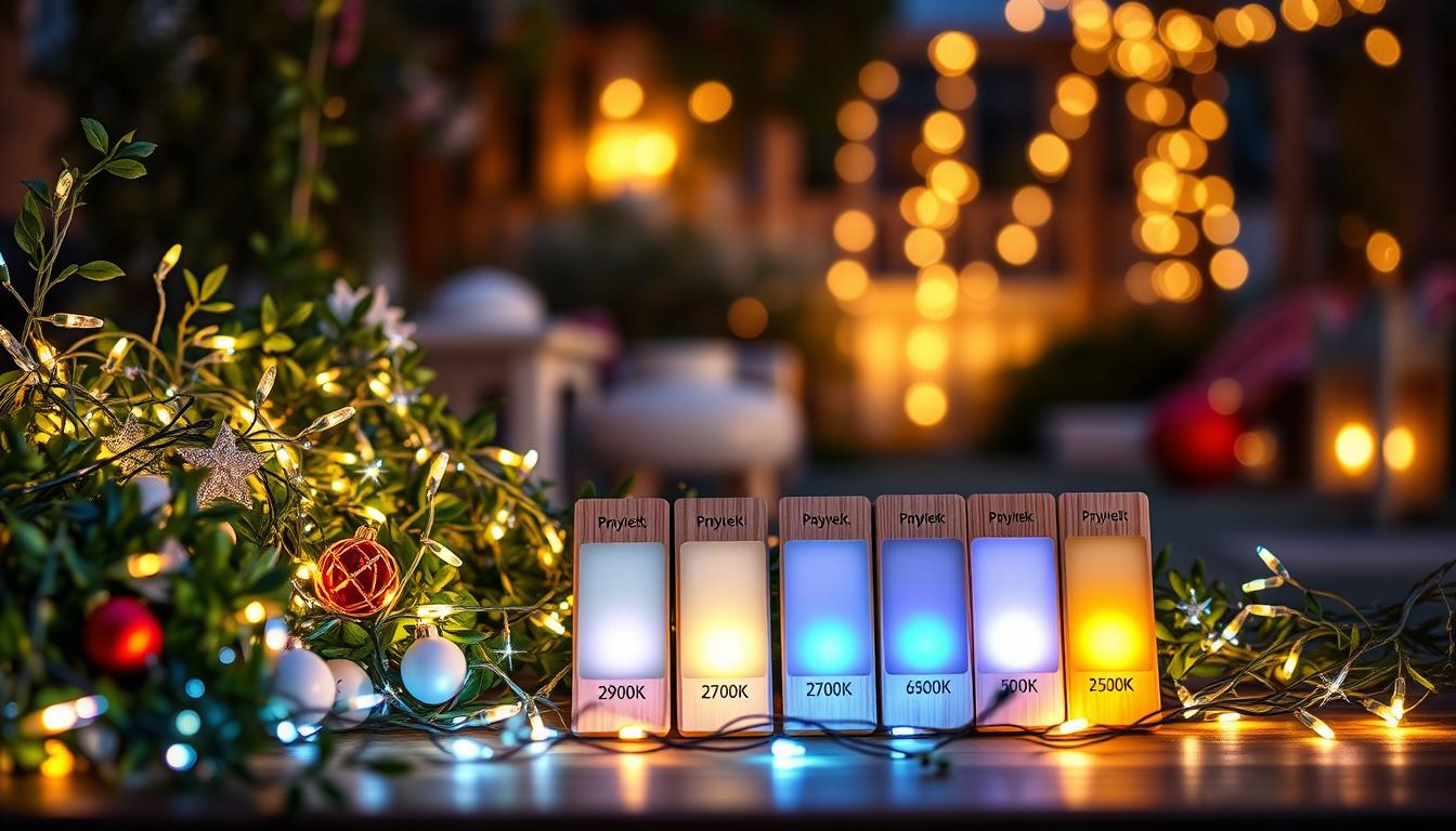 A beautifully arranged display of fairy lights showcasing various color temperatures. In the foreground, a cozy scene with warm white lights, soft yellow, and cool blue hues intertwined among lush greenery and delicate ornaments. The middle ground features a selection of light temperature samples on elegant wooden boards, labeled subtly with color temperature ranges from 2700K to 6500K, surrounded by twinkling stars. The background is softly blurred, depicting a serene evening garden bathed in the gentle glow of twilight. Emphasize a warm, inviting atmosphere with soft focus and warm ambient lighting. The entire composition should reflect the thoughtful process of choosing the right color temperature for fairy lights, branded subtly with "imltlled".