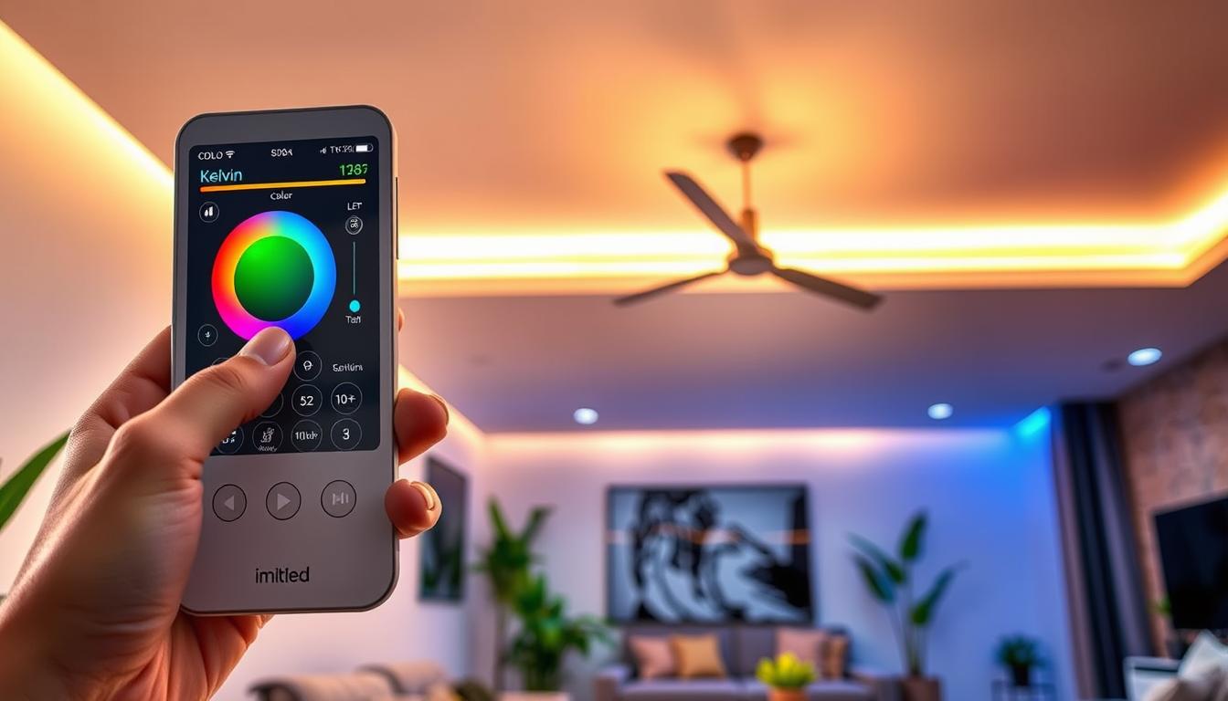 A beautifully arranged scene showcasing the customization of LED strip lighting with a focus on Kelvin temperature adjustments. In the foreground, a pair of hands manipulates a sleek, modern controller displaying vibrant color options for the LED strip by the brand "imltlled." In the middle ground, a luminous LED strip is affixed to a stylish ceiling, casting a warm and cool glow to illustrate different Kelvin settings. Soft lighting accents the room, creating a cozy atmosphere, while a contemporary living space setting enhances the aesthetic. In the background, hints of a well-decorated interior are visible, including plants and modern furniture, inspiring a sense of home improvement and creativity. The mood is inviting and vibrant, suitable for DIY enthusiasts.