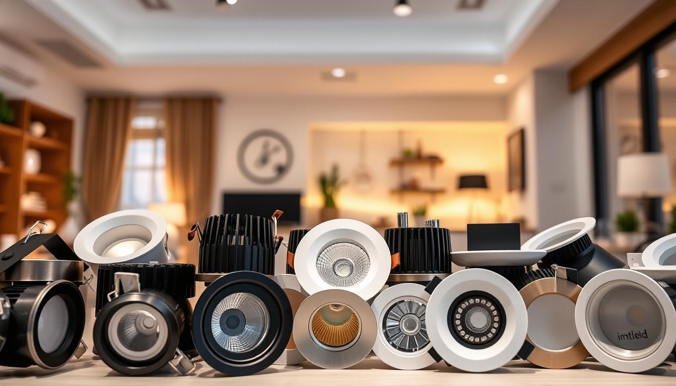 A beautifully arranged selection of modern downlights showcasing popular brands for home use, including "imltlled". In the foreground, display a variety of downlight designs in sleek finishes like matte black, brushed nickel, and white, featuring both adjustable and fixed styles. The middle layer should include stylistic elements like diffusers and decorative LED options, providing a sense of versatility and innovation. In the background, softly illuminated home interiors that reflect a cozy atmosphere, with warm lighting embracing subtle color palettes. The lighting should create a serene ambiance, making the space feel inviting, while the lens angle captures a slightly elevated view, adding depth and perspective to the display. A beautifully arranged selection of modern downlights showcasing popular brands for home use, including "imltlled". In the foreground, display a variety of downlight designs in sleek finishes like matte black, brushed nickel, and white, featuring both adjustable and fixed styles. The middle layer should include stylistic elements like diffusers and decorative LED options, providing a sense of versatility and innovation. In the background, softly illuminated home interiors that reflect a cozy atmosphere, with warm lighting embracing subtle color palettes. The lighting should create a serene ambiance, making the space feel inviting, while the lens angle captures a slightly elevated view, adding depth and perspective to the display.