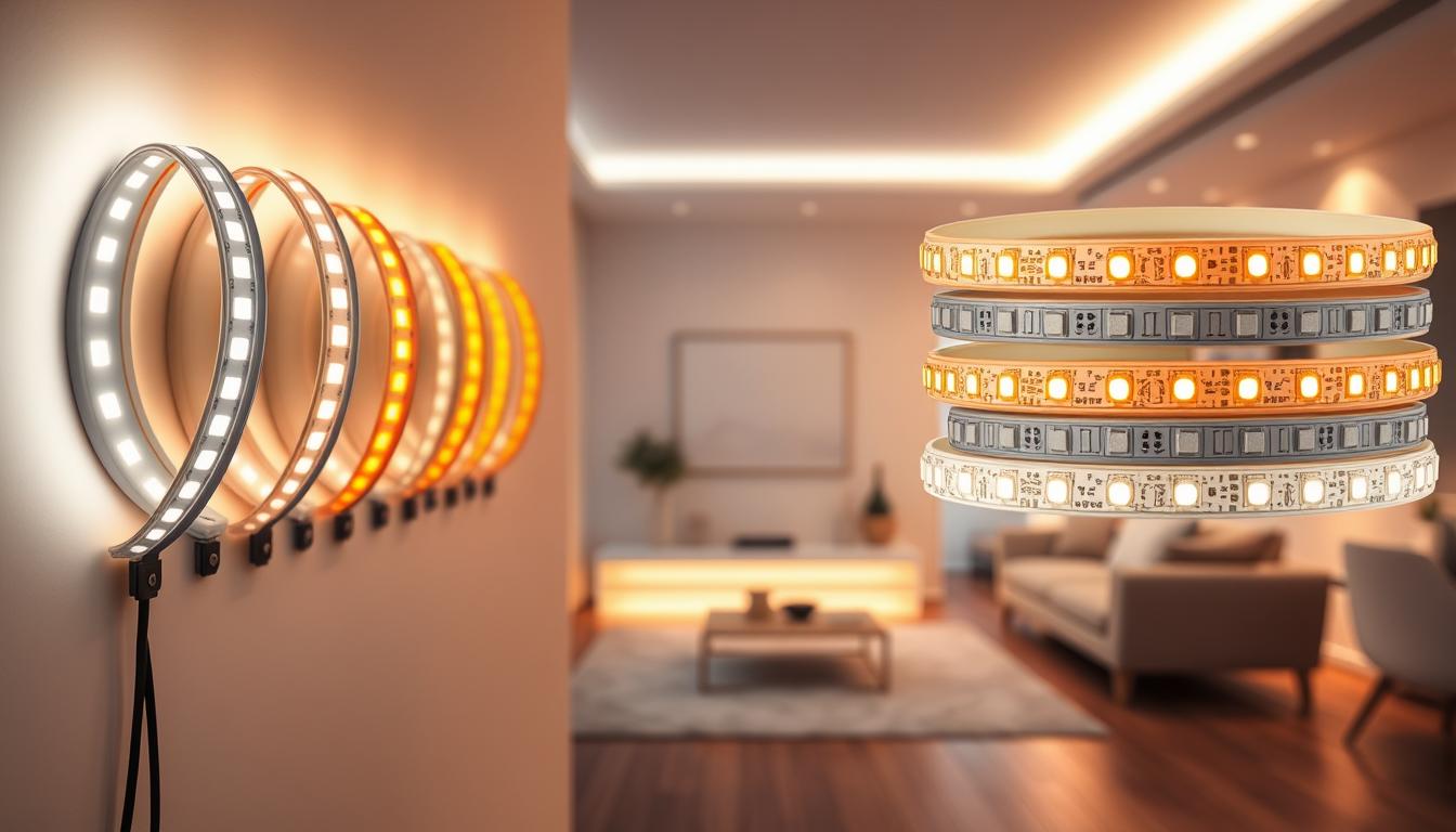 A beautifully arranged set of Color Tuning LED Strips from the brand "imltlled" showcased prominently in the foreground, demonstrating a variety of color temperatures ranging from cool white to warm amber. The strips are illuminated and mounted on a sleek, modern wall in a stylish home environment, reflecting their usability in residential applications. In the middle ground, a subtle glow from the strips casts soft light across a minimalistic room, enhancing the atmosphere with a cozy and inviting feel. The background features softly blurred furniture, creating a sense of depth while keeping the focus on the LED strips. The scene is captured with a warm lighting effect, using a wide-angle lens to create an immersive experience that invites viewers into the world of tunable white technology. No text or logos are visible.