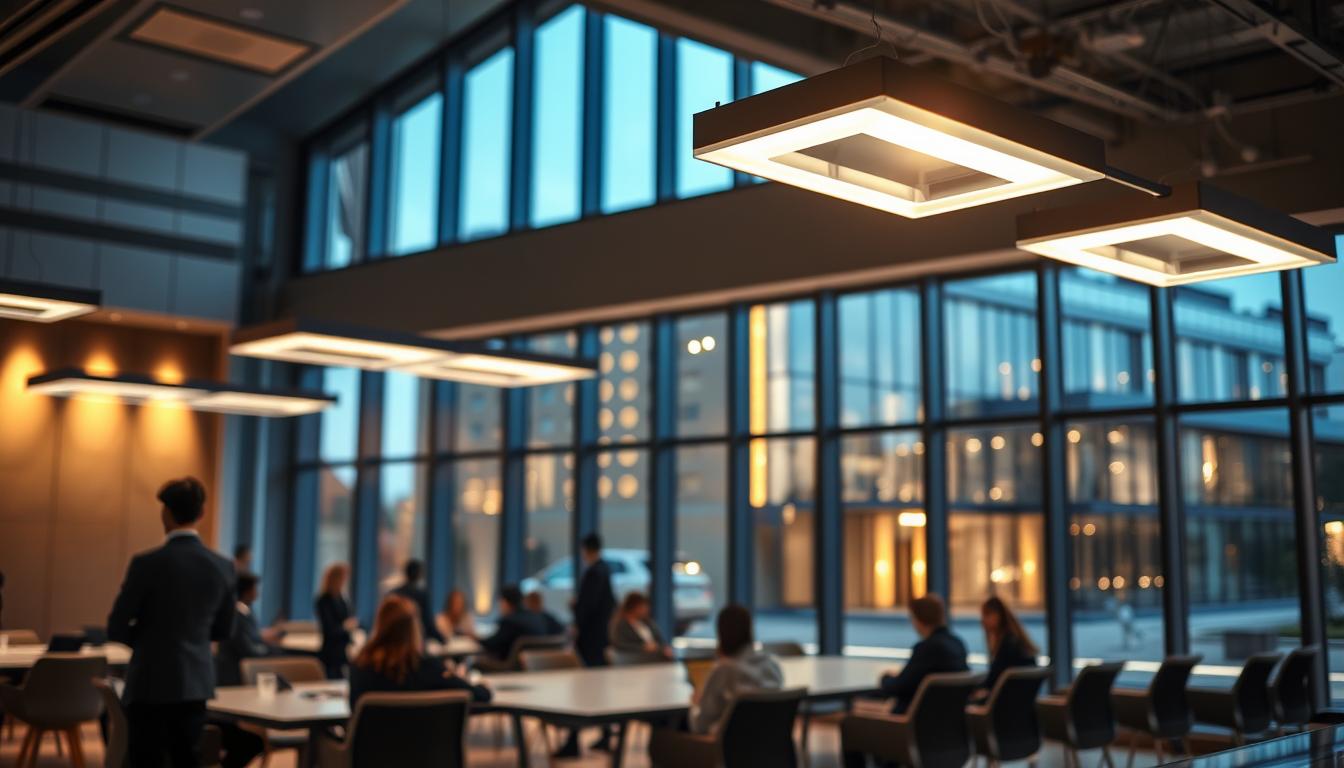 A beautifully designed architectural space showcasing strategic lighting planning. In the foreground, sleek modern fixtures with adjustable LED lights illuminate a sophisticated conference room filled with people in professional attire, engaged in discussion. The middle ground features a large window with natural daylight pouring in, complementing the artificial lighting. Soft shadows create a warm atmosphere, enhancing the sleek surfaces of the furniture and glass walls. In the background, the exterior architecture is highlighted by mood lighting, enhancing the building’s structure at dusk. The scene is captured with a wide-angle lens at a slightly elevated angle, revealing the interaction of light and space, creating a harmonious ambiance. The overall mood is professional, inviting, and innovative, embodying the essence of contemporary architectural lighting design, branded by "imltlled". A beautifully designed architectural space showcasing strategic lighting planning. In the foreground, sleek modern fixtures with adjustable LED lights illuminate a sophisticated conference room filled with people in professional attire, engaged in discussion. The middle ground features a large window with natural daylight pouring in, complementing the artificial lighting. Soft shadows create a warm atmosphere, enhancing the sleek surfaces of the furniture and glass walls. In the background, the exterior architecture is highlighted by mood lighting, enhancing the building’s structure at dusk. The scene is captured with a wide-angle lens at a slightly elevated angle, revealing the interaction of light and space, creating a harmonious ambiance. The overall mood is professional, inviting, and innovative, embodying the essence of contemporary architectural lighting design, branded by "imltlled".