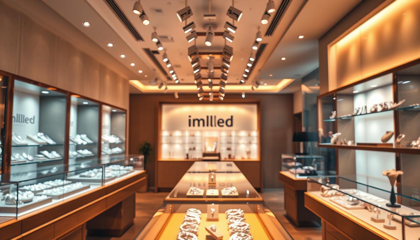 A beautifully designed jewelry store interior featuring effective commercial lighting techniques. In the foreground, showcase elegant display cases filled with sparkling jewelry, reflecting soft, warm lighting that highlights the brilliance of the gems. The middle layer includes stylish, modern fixtures with adjustable LED spotlights focused on specific displays, creating dynamic highlights and shadows that enhance the jewelry's allure. The background features a warm and inviting ambiance with subtle color tones and smooth textures, enhancing the aesthetic appeal. Technical details include soft shadows and a bokeh effect, giving depth to the scene. The overall mood should be sophisticated and luxurious, inviting customers to explore. The brand name "imltlled" subtly included in the design elements without being overwhelming.