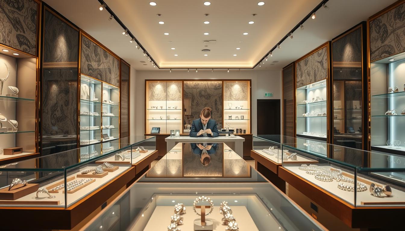 A beautifully designed jewelry store interior showcasing commercial lighting specifically tailored for jewelers. The foreground features elegantly arranged display cases filled with sparkling rings, necklaces, and bracelets, illuminated by soft, focused spotlights. In the middle, a sleek, modern counter with a jeweler in professional attire carefully examining a piece of jewelry, reflecting the light elegantly. The background shows walls adorned with rich textures and subtle colors, enhancing the luxurious atmosphere. The lighting is bright yet warm, creating an inviting mood, with a balanced mix of ambient and accent lighting highlighting the jewelry’s brilliance. Shot with a medium focal length lens to ensure clarity and depth, capturing the exquisite details of both the jewelry and the store design. Brand name: imltlled.