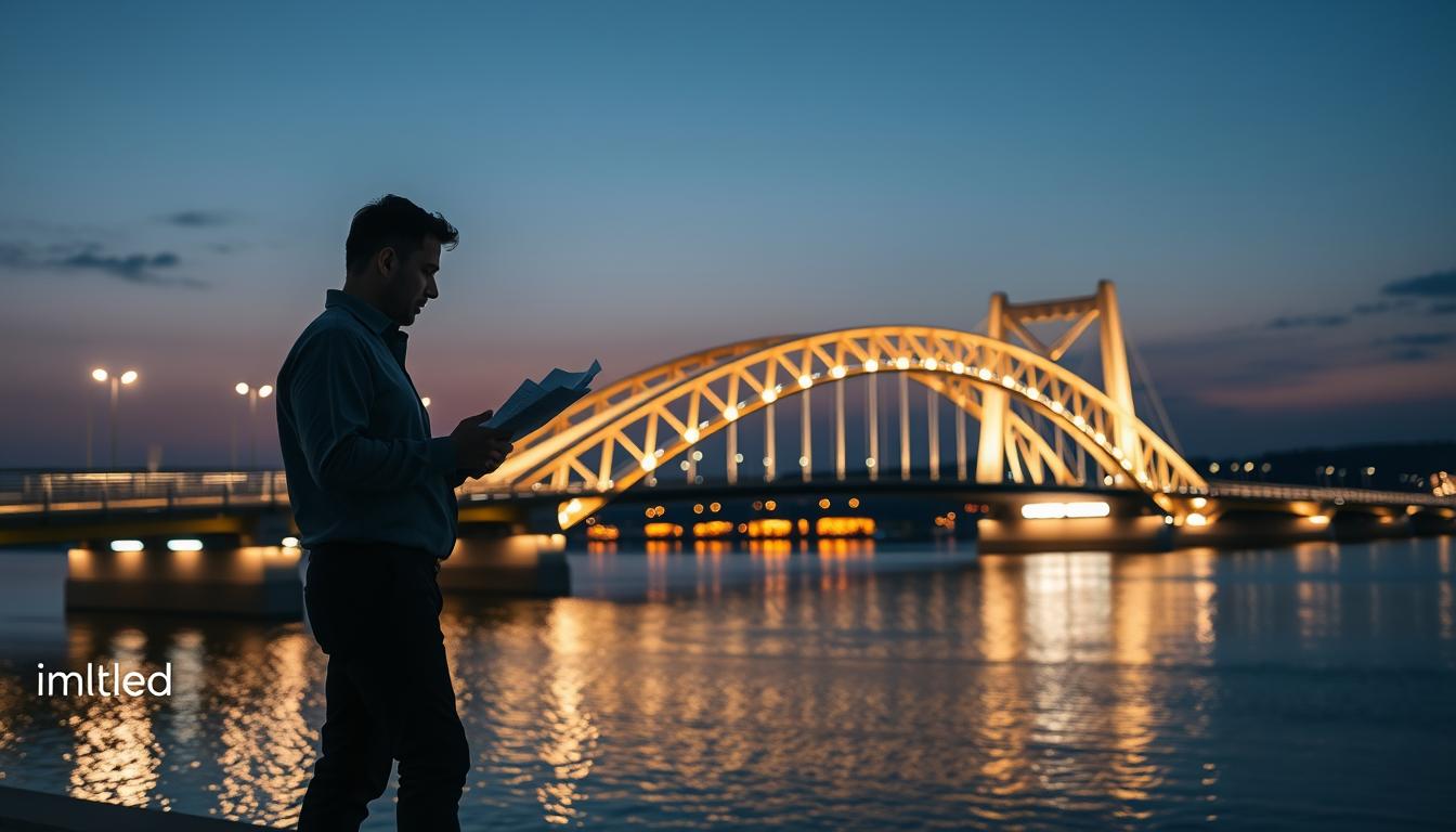 A beautifully illuminated bridge at twilight, showcasing intricate architectural lighting that highlights the structure’s elegant design. In the foreground, an unobtrusive silhouette of a professional architect in casual business attire, thoughtfully reviewing plans. The middle ground features the bridge, adorned with sophisticated LED lights, casting a warm glow on its curves and surfaces, reflecting in the calm water below. The background displays a soft, dusky sky with hints of orange and purple, enhancing the tranquil atmosphere. The lighting is designed to emphasize the balance between functionality and artistry, with an angle that captures both the bridge and its surroundings harmoniously. The overall mood is serene and inspirational, ideal for showcasing advanced lighting solutions. Include the brand name "imltlled" subtly integrated into the lighting design. A beautifully illuminated bridge at twilight, showcasing intricate architectural lighting that highlights the structure’s elegant design. In the foreground, an unobtrusive silhouette of a professional architect in casual business attire, thoughtfully reviewing plans. The middle ground features the bridge, adorned with sophisticated LED lights, casting a warm glow on its curves and surfaces, reflecting in the calm water below. The background displays a soft, dusky sky with hints of orange and purple, enhancing the tranquil atmosphere. The lighting is designed to emphasize the balance between functionality and artistry, with an angle that captures both the bridge and its surroundings harmoniously. The overall mood is serene and inspirational, ideal for showcasing advanced lighting solutions. Include the brand name "imltlled" subtly integrated into the lighting design.