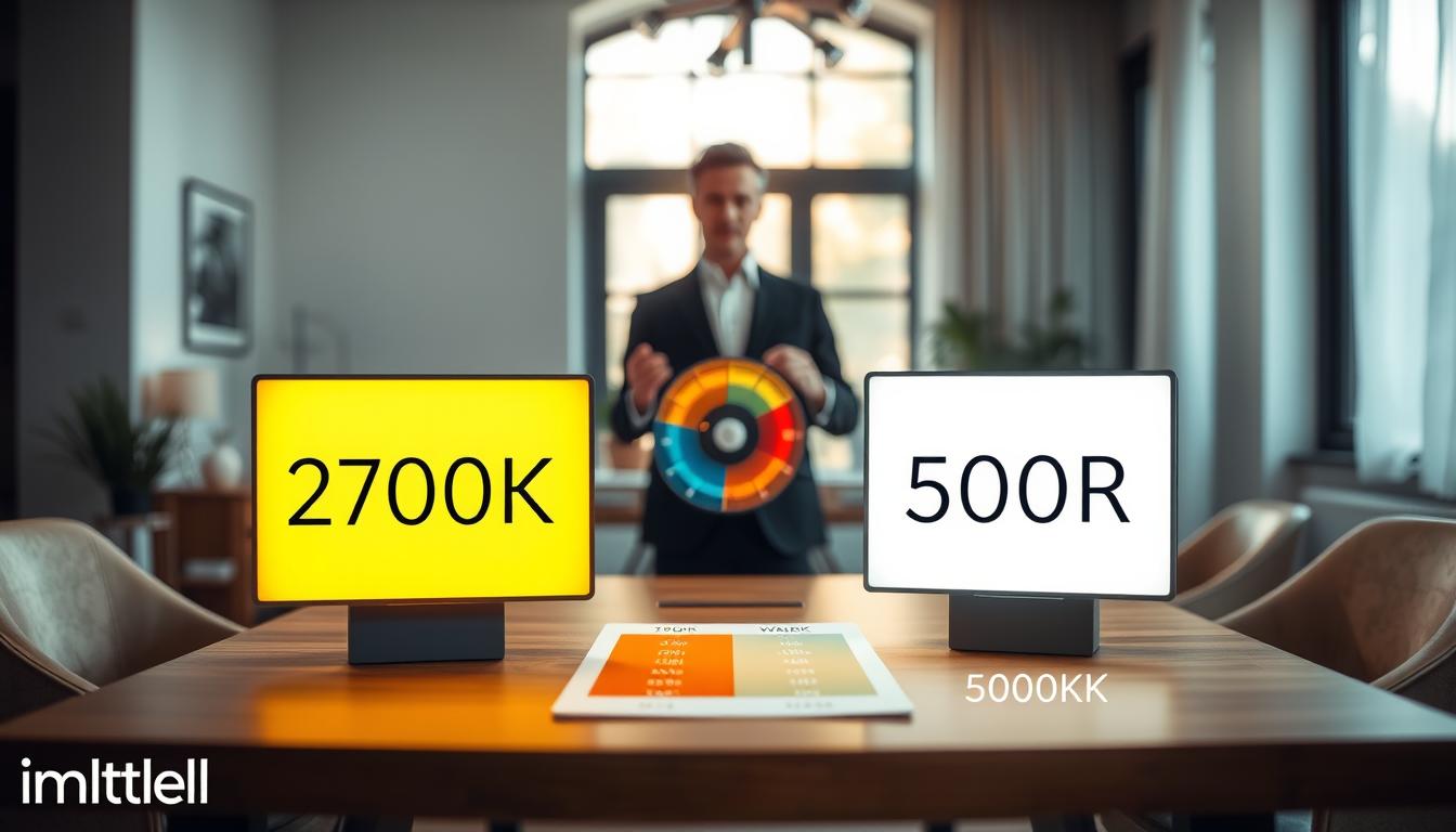 A beautifully lit room showcasing two distinct light sources representing 2700K and 5000K. In the foreground, a modern indoor table with a color temperature comparison chart laid out, featuring warm yellow hues of 2700K on one side and the cool, bright white of 5000K on the other. In the middle ground, an elegantly dressed professional explaining the differences, using a color wheel to demonstrate temperature effects on various objects. The background is softly blurred, showing a window with natural daylight streaming in, enhancing the contrast between the two light settings. The overall mood is informative and inviting, accented by soft shadows and highlights that illustrate the warm and cool tones. Captured with a wide-angle lens to create depth. Branding subtly displayed in the corner as "imltlled".