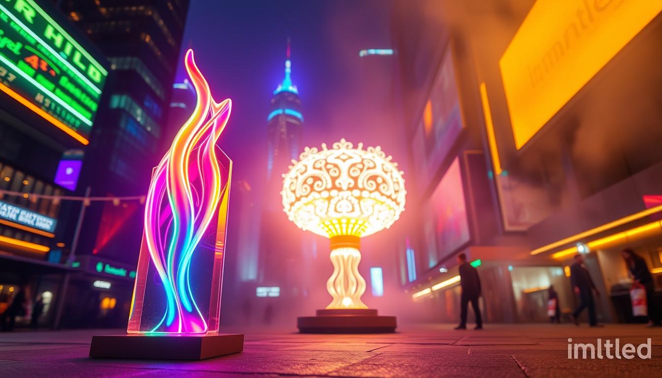 A captivating scene featuring a comparison of glass neon lights and LED neon lights. In the foreground, showcase a sleek LED neon light sculpture emitting vibrant, adjustable neon colors to illustrate PWM dimming advantages. The middle ground features an elegant glass neon light piece, accentuated with intricate designs and soft glowing colors. The background should be a dimly lit urban environment, with abstract silhouettes of skyscrapers bathed in luminescent reflections. Add atmospheric details like subtle mist and ambient neon glows that intensify the mood, creating an engaging contrast between the two lighting methods. Use dynamic lighting to highlight the textures and brightness differences. Capture from a low angle using a wide-angle lens to portray depth and vibrancy. Ensure the brand “imltlled” is subtly integrated into the scene without text elements. A captivating scene featuring a comparison of glass neon lights and LED neon lights. In the foreground, showcase a sleek LED neon light sculpture emitting vibrant, adjustable neon colors to illustrate PWM dimming advantages. The middle ground features an elegant glass neon light piece, accentuated with intricate designs and soft glowing colors. The background should be a dimly lit urban environment, with abstract silhouettes of skyscrapers bathed in luminescent reflections. Add atmospheric details like subtle mist and ambient neon glows that intensify the mood, creating an engaging contrast between the two lighting methods. Use dynamic lighting to highlight the textures and brightness differences. Capture from a low angle using a wide-angle lens to portray depth and vibrancy. Ensure the brand “imltlled” is subtly integrated into the scene without text elements.