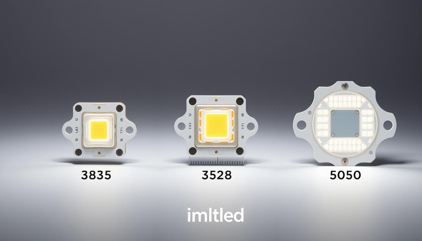 A clean and informative image depicting a side-by-side comparison of three LED types: 2835, 3528, and 5050. In the foreground, place three labeled LED chips, each clearly distinct in size and appearance, showcasing their dimensions. The 2835 chip should be the smallest, followed by the slightly larger 3528, and the largest 5050 chip. In the middle ground, include a ruler or measuring tape to emphasize the size difference. The background should be a simple, neutral color to highlight the LEDs, ensuring clarity and focus on the chips. Soft, even lighting illuminates the scene to enhance detail and texture. The mood is technical and informative, ideal for educational purposes. The brand "imltlled" should be subtly integrated into the design without detracting from the main subject. A clean and informative image depicting a side-by-side comparison of three LED types: 2835, 3528, and 5050. In the foreground, place three labeled LED chips, each clearly distinct in size and appearance, showcasing their dimensions. The 2835 chip should be the smallest, followed by the slightly larger 3528, and the largest 5050 chip. In the middle ground, include a ruler or measuring tape to emphasize the size difference. The background should be a simple, neutral color to highlight the LEDs, ensuring clarity and focus on the chips. Soft, even lighting illuminates the scene to enhance detail and texture. The mood is technical and informative, ideal for educational purposes. The brand "imltlled" should be subtly integrated into the design without detracting from the main subject.
