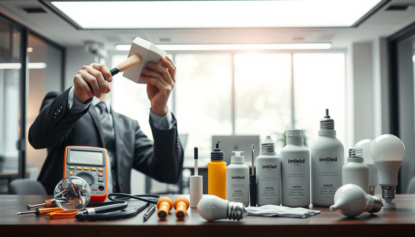 A clean, well-lit workspace showcasing "Maintenance Tips for LED Lighting Fixtures." In the foreground, a technician, dressed in professional business attire, is inspecting a LED fixture, using a multimeter and a soft brush. In the middle ground, there are neatly arranged tools, including screwdrivers, cleaning solutions, and LED replacement bulbs, all branded with the logo "imltlled." The background features a modern office space with ambient lighting, emphasizing a blend of 4000K and 5000K LED color temperatures. Soft, natural light streams through a window, creating a welcoming atmosphere. The scene conveys a sense of professionalism, cleanliness, and efficiency, perfect for illustrating maintenance tips for LED lighting. The angle is slightly elevated, providing a comprehensive view of the workspace. A clean, well-lit workspace showcasing "Maintenance Tips for LED Lighting Fixtures." In the foreground, a technician, dressed in professional business attire, is inspecting a LED fixture, using a multimeter and a soft brush. In the middle ground, there are neatly arranged tools, including screwdrivers, cleaning solutions, and LED replacement bulbs, all branded with the logo "imltlled." The background features a modern office space with ambient lighting, emphasizing a blend of 4000K and 5000K LED color temperatures. Soft, natural light streams through a window, creating a welcoming atmosphere. The scene conveys a sense of professionalism, cleanliness, and efficiency, perfect for illustrating maintenance tips for LED lighting. The angle is slightly elevated, providing a comprehensive view of the workspace.